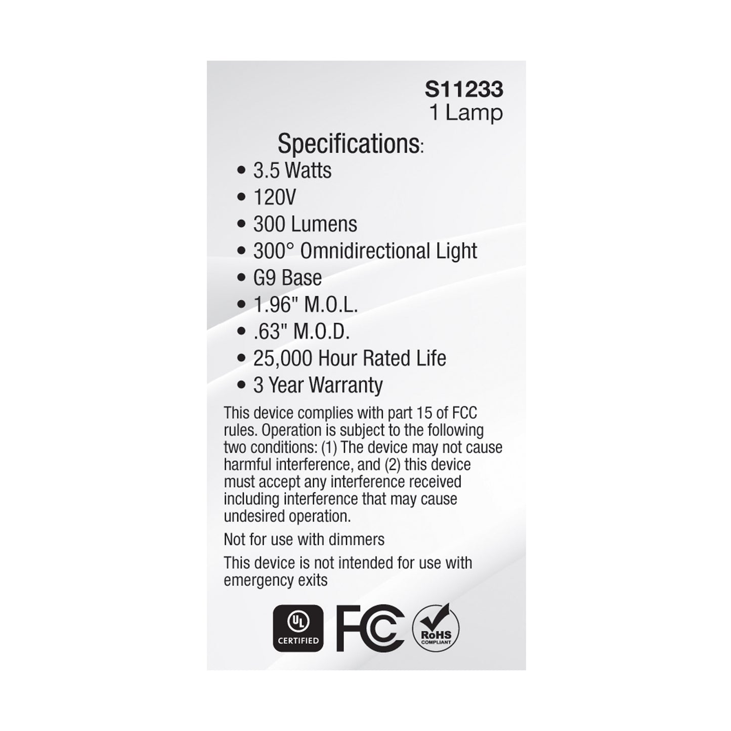 3.5 Watt; JCD LED; Frost; 4000K; G9 Base; 120 Volt