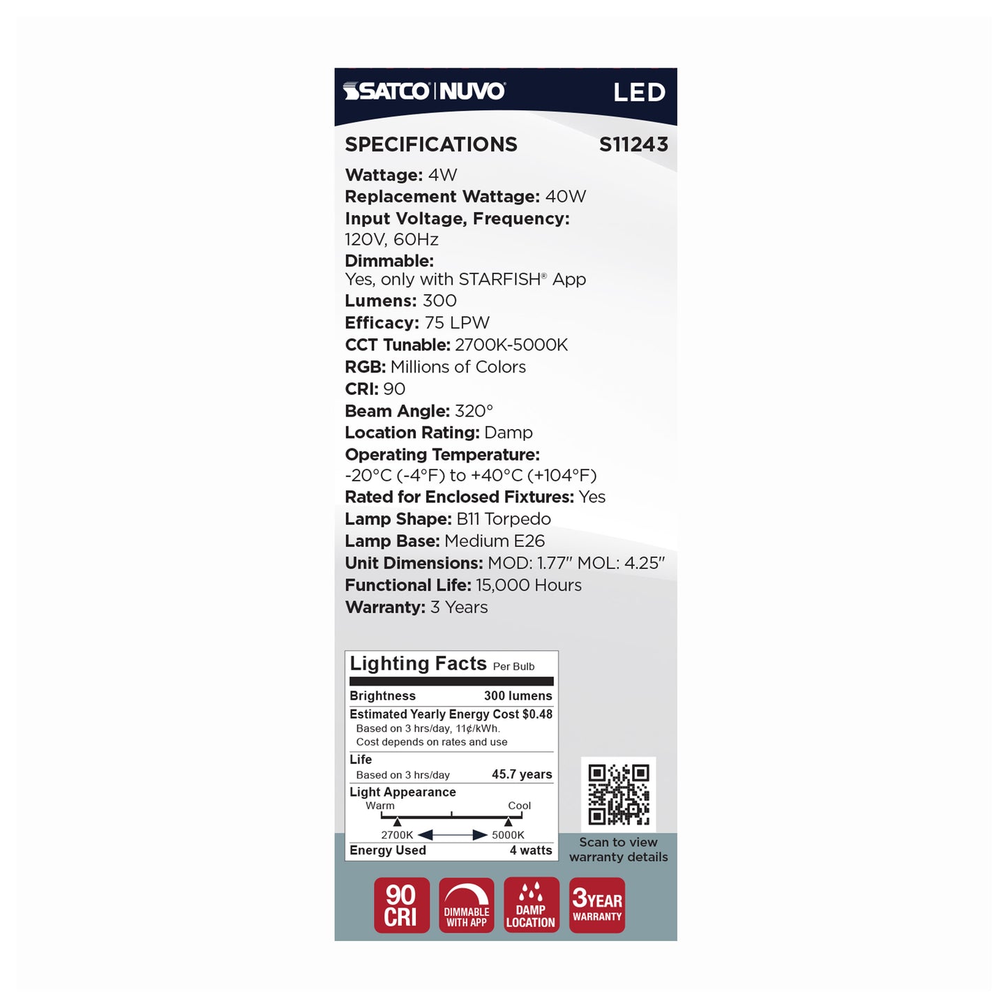 4 Watt; B11 LED; 2700K-5000K RGB/Tunable White; Starfish IOT; Clear; Medium Base; 120 Volt