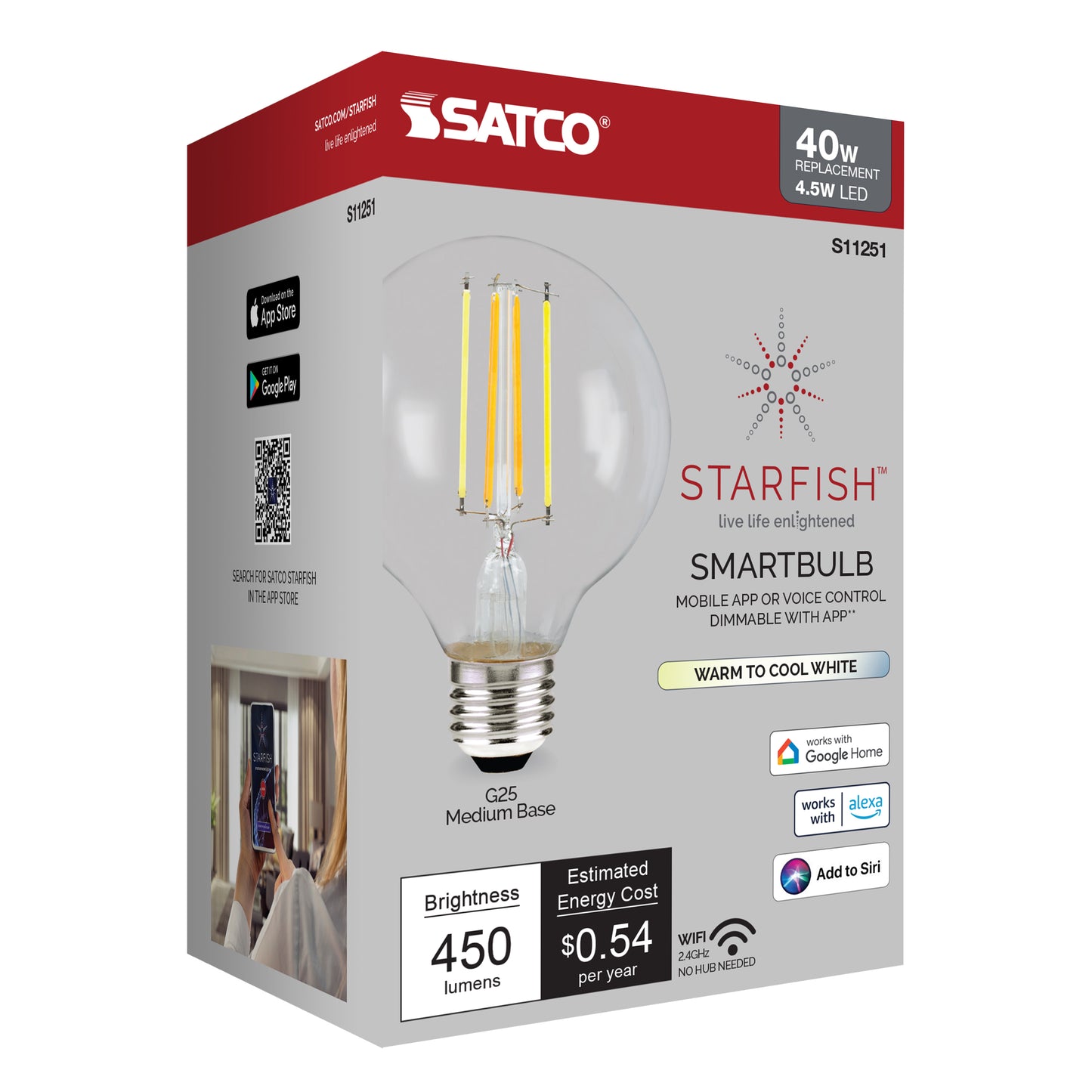 4.5 Watt; G25 LED; Tunable White; Clear; Starfish IOT; 120 Volt; 450 Lumens