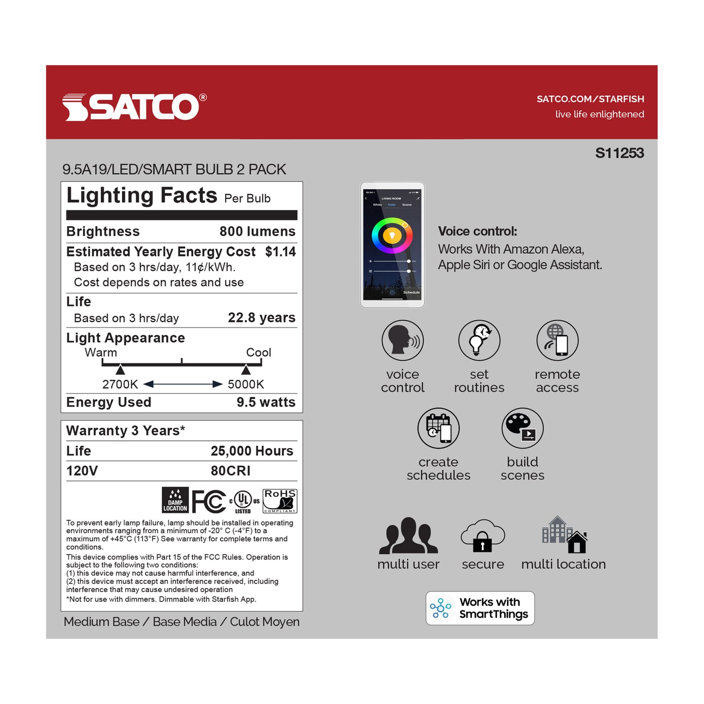 9.5 Watt; A19 LED; RGB & Tunable White; Starfish IOT; 120 Volt; 800 Lumens; 2-pack