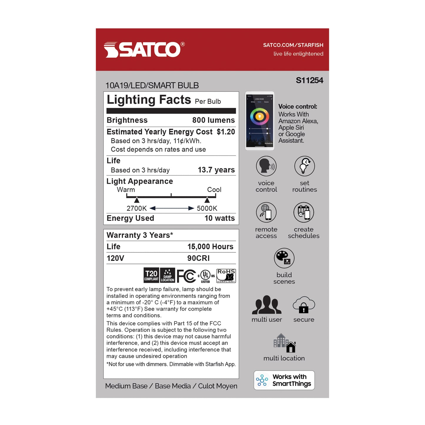 10 Watt; A19 LED; RGB & Tunable White; Starfish IOT; 120 Volt; 800 Lumens