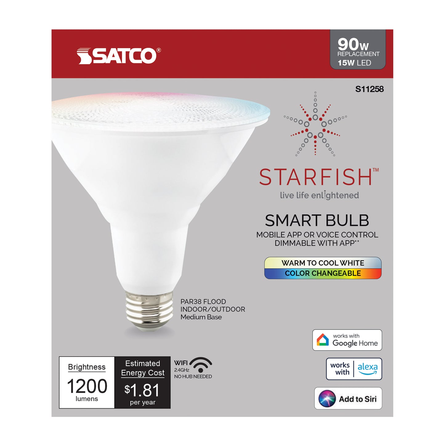 15 Watt; PAR38 LED; RGB & Tunable White; Starfish IOT; 120 Volt; 1200 Lumens