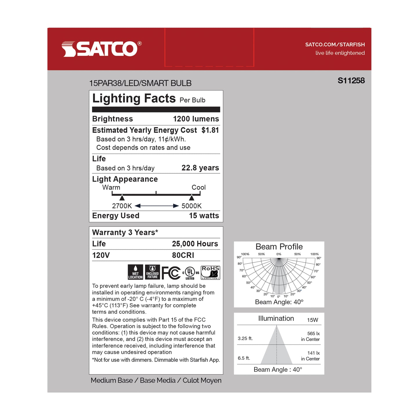 15 Watt; PAR38 LED; RGB & Tunable White; Starfish IOT; 120 Volt; 1200 Lumens