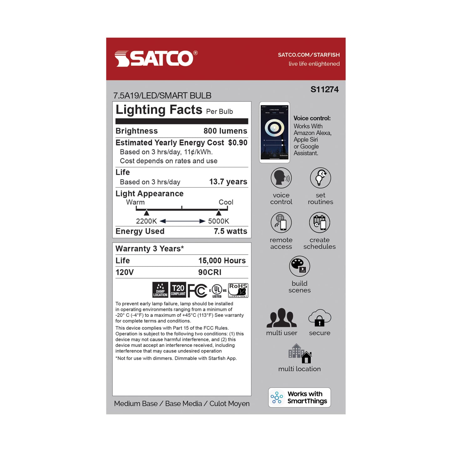 7.5 Watt; A19 LED; Tunable White; Clear; Starfish IOT; 120 Volt; 800 Lumens; T20