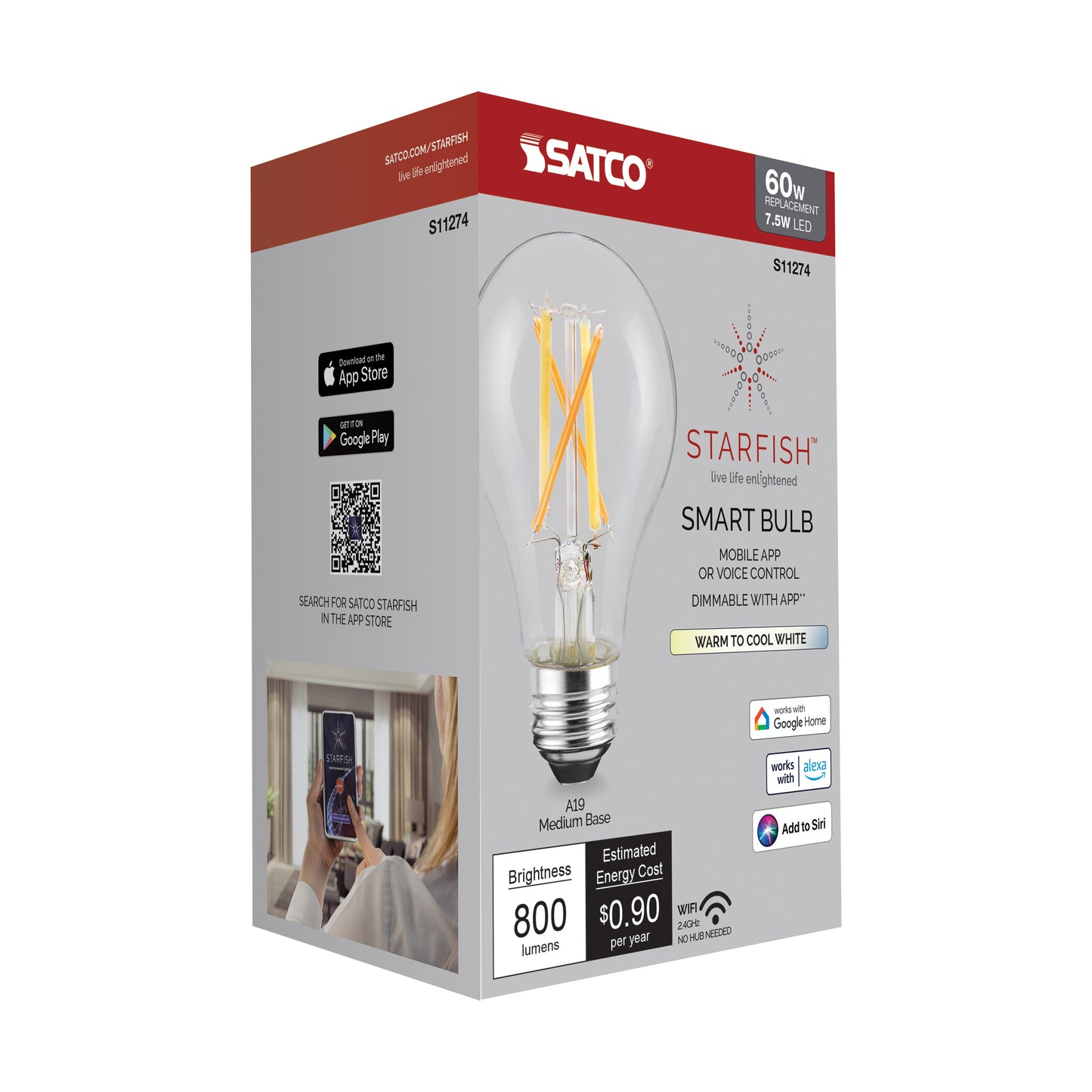 7.5 Watt; A19 LED; Tunable White; Clear; Starfish IOT; 120 Volt; 800 Lumens; T20