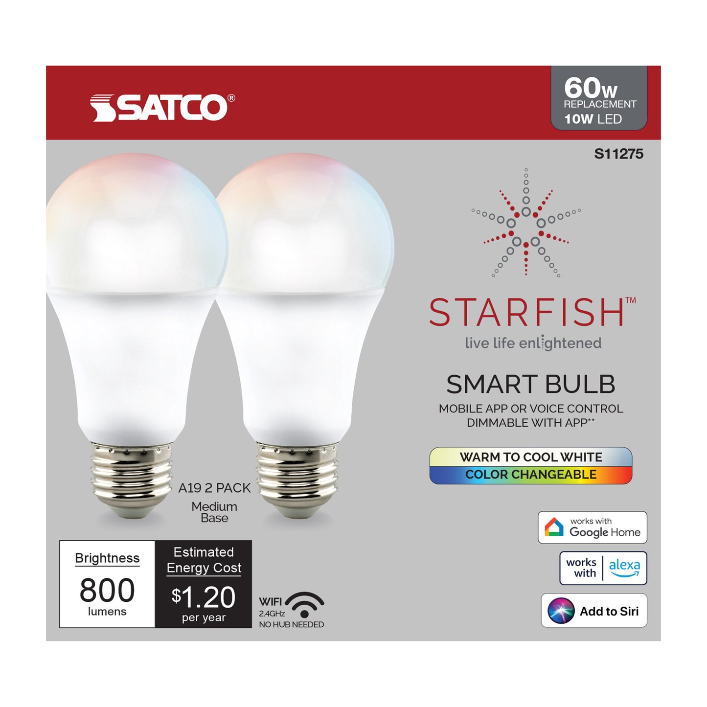 10 Watt; A19 LED; RGB & Tunable White; Starfish IOT; 120 Volt; 800 Lumens; 2-Pack