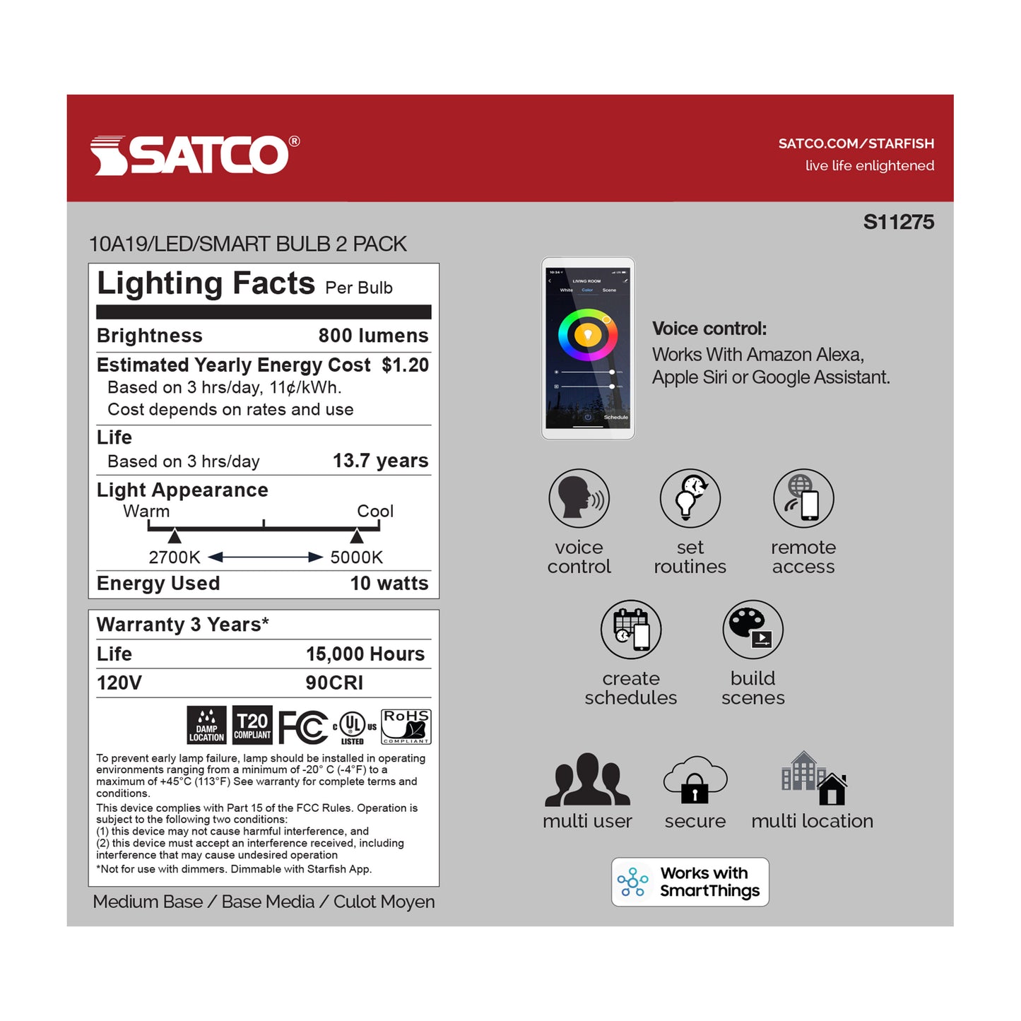 10 Watt; A19 LED; RGB & Tunable White; Starfish IOT; 120 Volt; 800 Lumens; 2-Pack