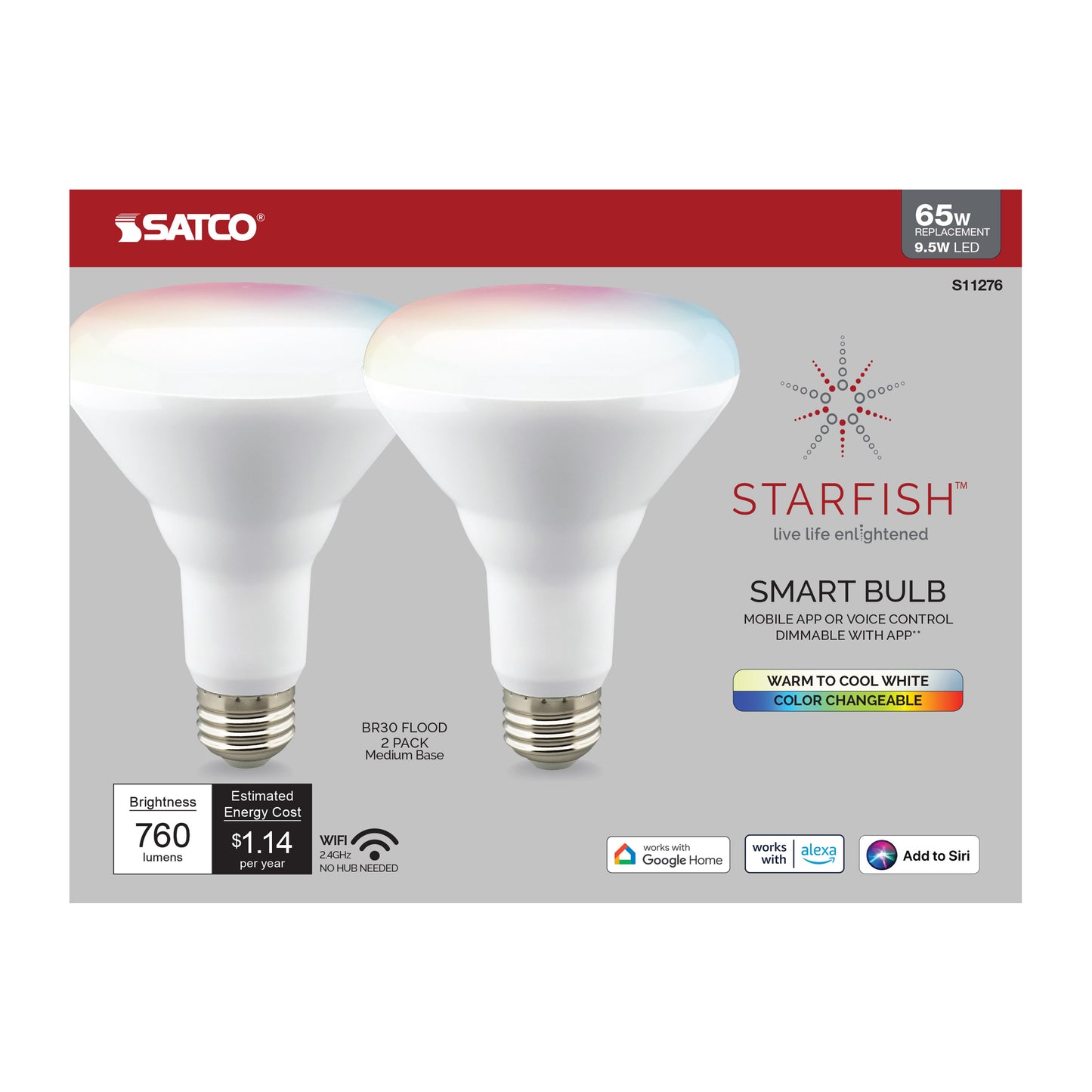 9.5 Watt; BR30 LED; RGB & Tunable White; Starfish IOT; 120 Volt; 760 Lumens; 2-Pack