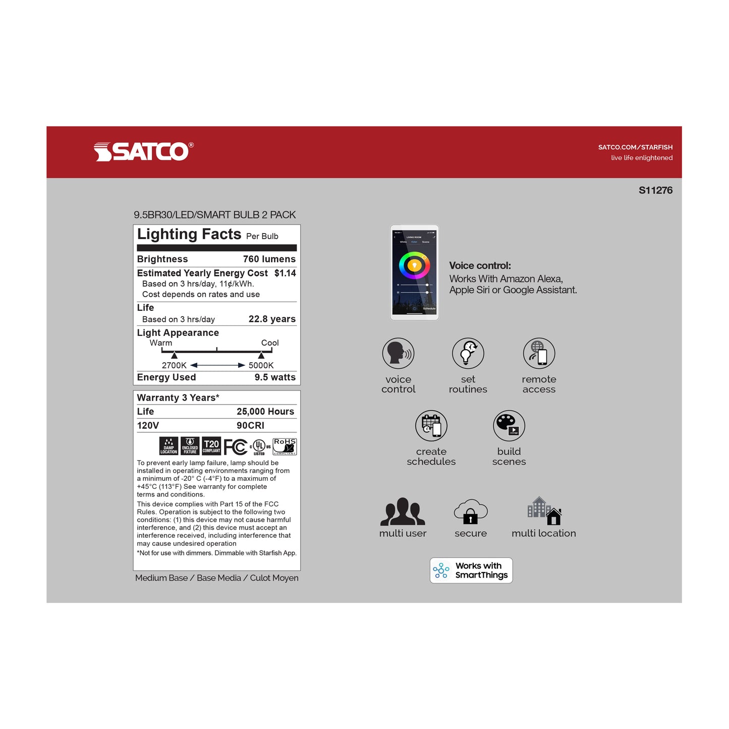 9.5 Watt; BR30 LED; RGB & Tunable White; Starfish IOT; 120 Volt; 760 Lumens; 2-Pack