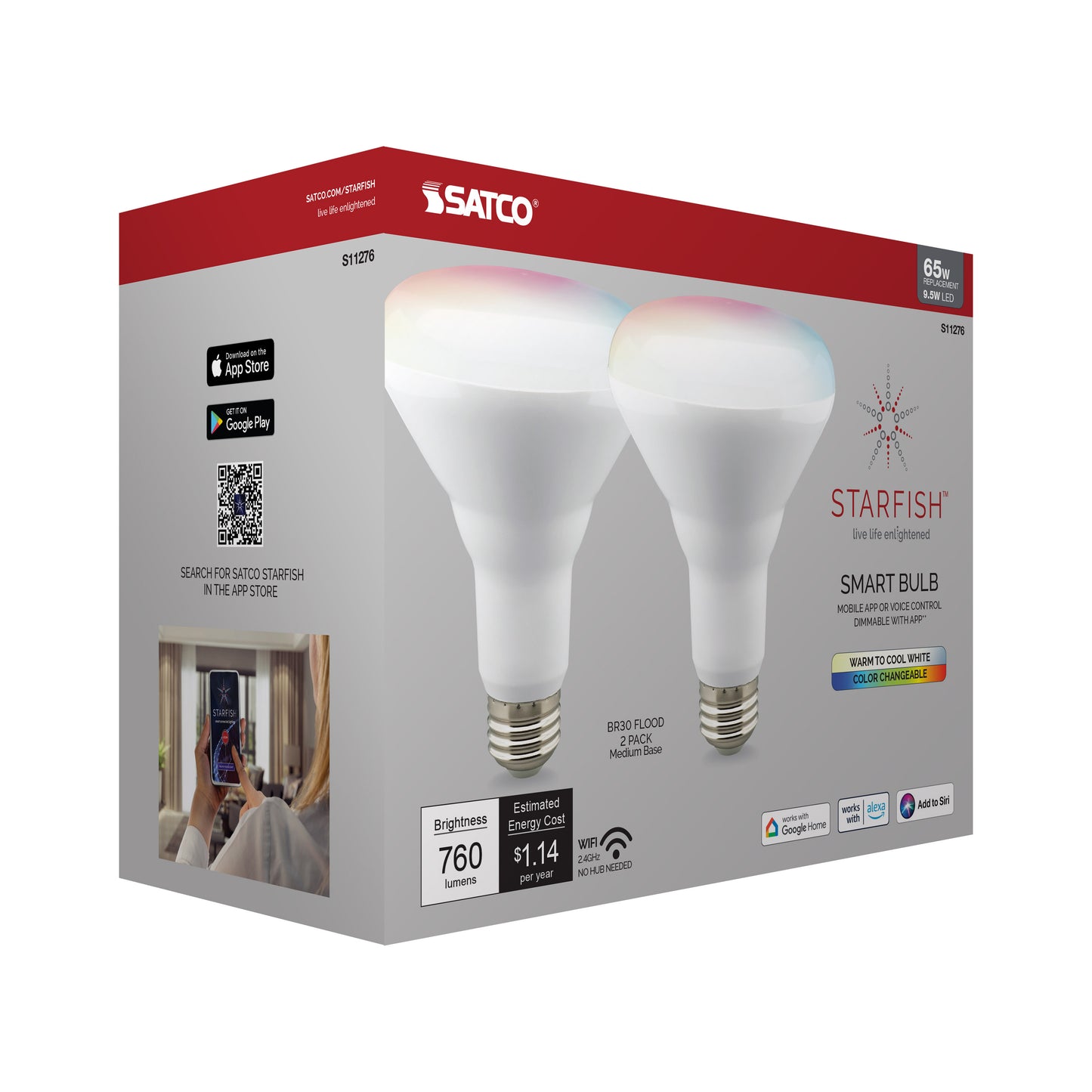 9.5 Watt; BR30 LED; RGB & Tunable White; Starfish IOT; 120 Volt; 760 Lumens; 2-Pack
