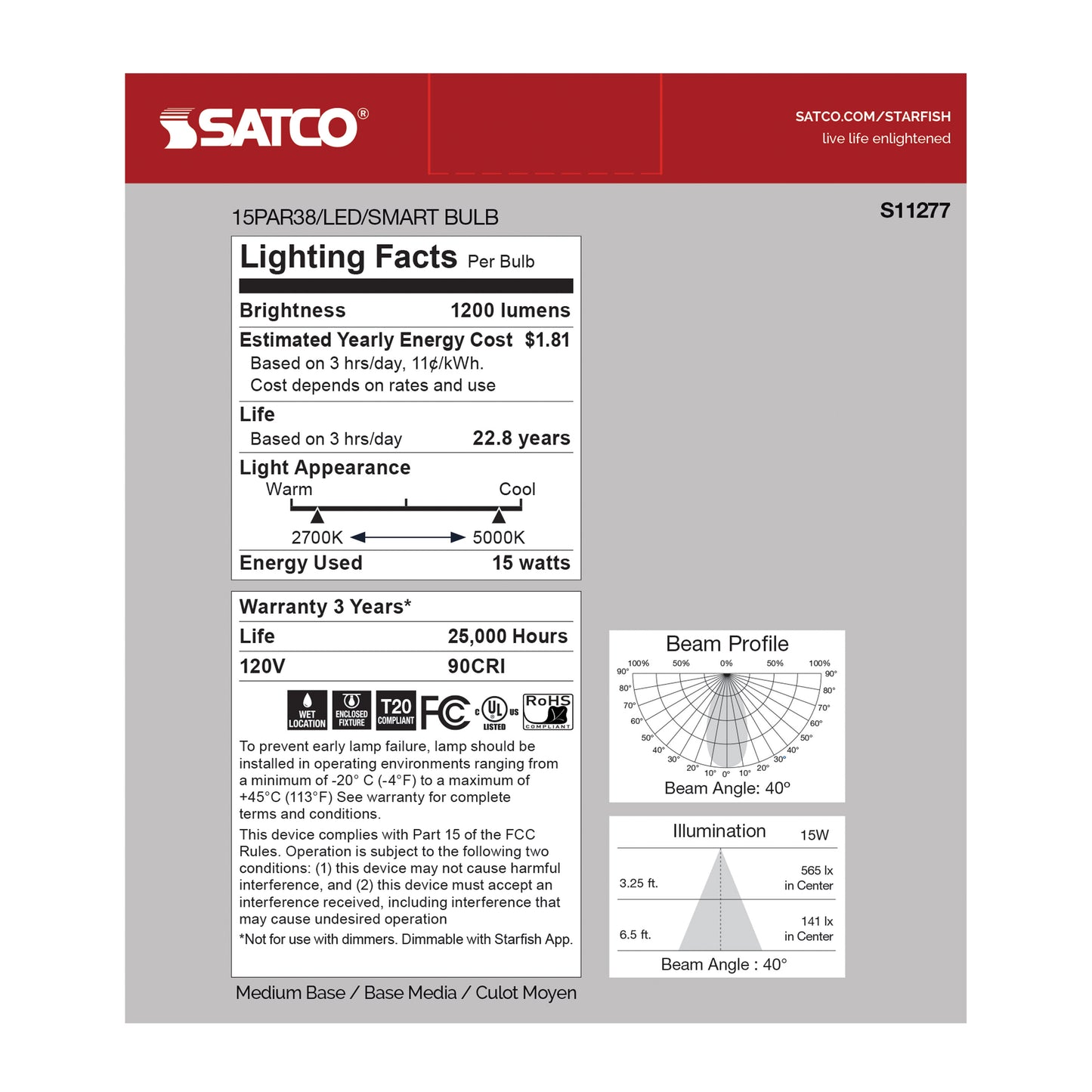 15 Watt; PAR38 LED; RGB & Tunable White; Starfish IOT; 120 Volt; 1200 Lumens; T20; 90 CRI
