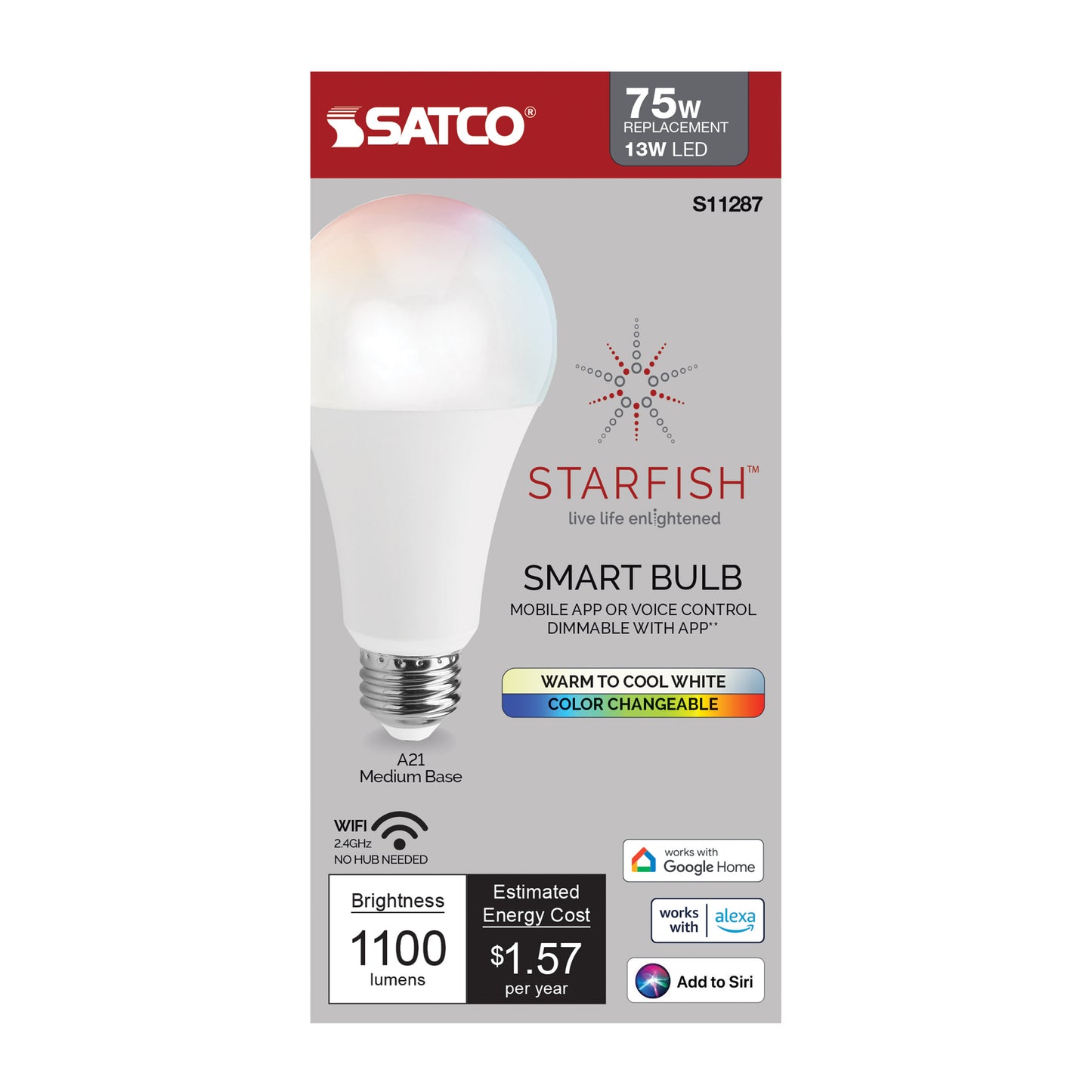 13 Watt; A21 LED; RGB & Tunable White; Starfish IOT; Medium base; 220 Beam Angle; 120 Volt; 1100 Lumens