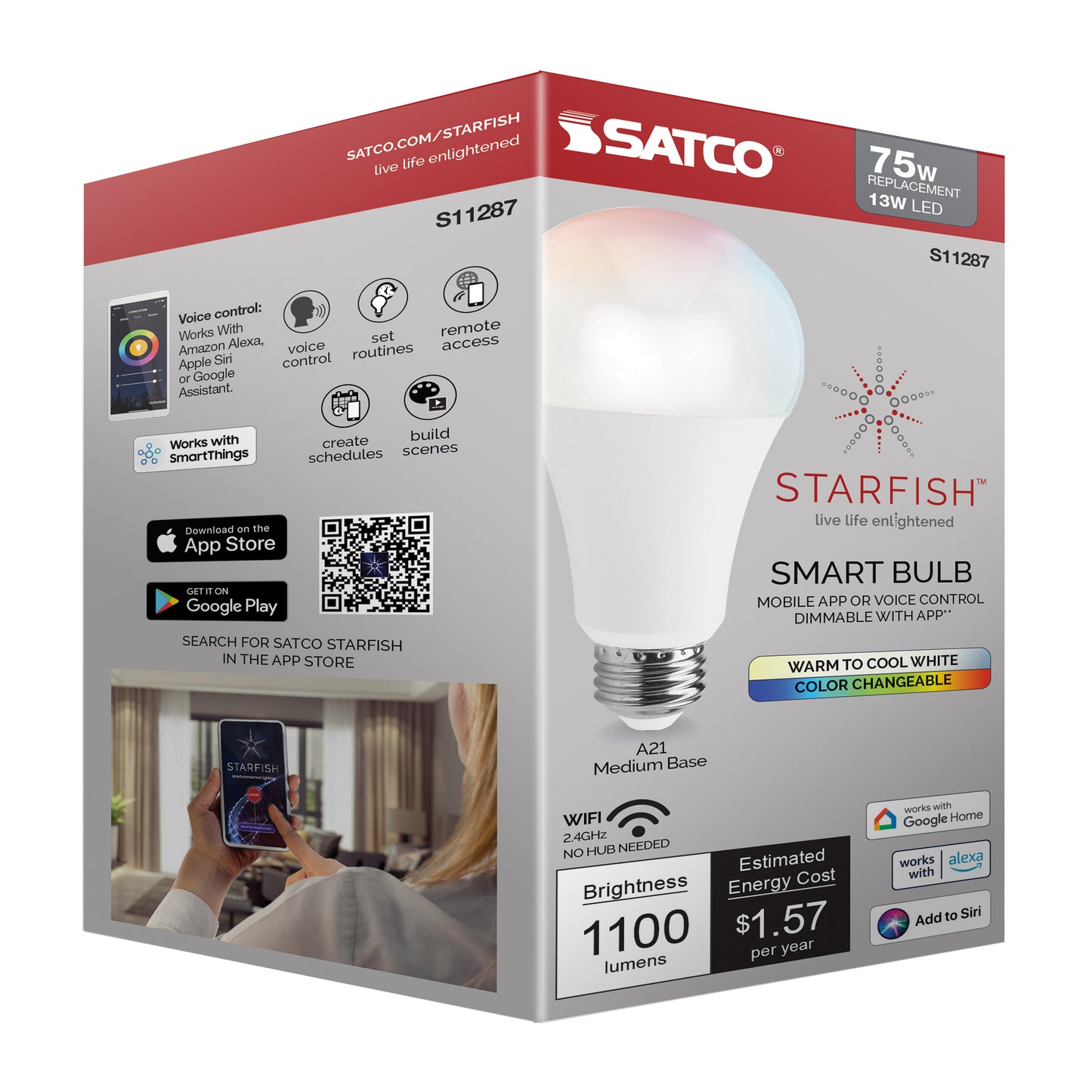 13 Watt; A21 LED; RGB & Tunable White; Starfish IOT; Medium base; 220 Beam Angle; 120 Volt; 1100 Lumens