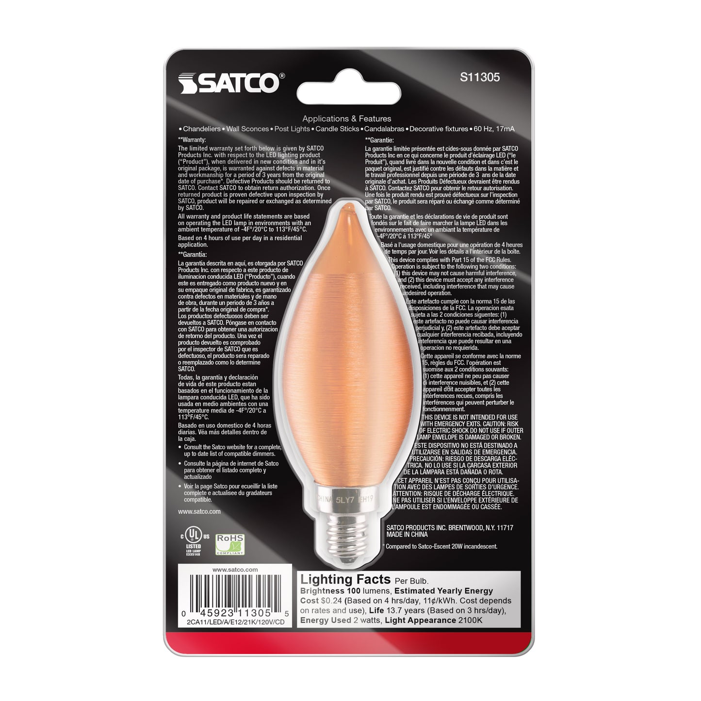 2 Watt CA11 LED Filament; Satin Spun Amber; Candelabra base; 2100K; 120 Volt; Carded