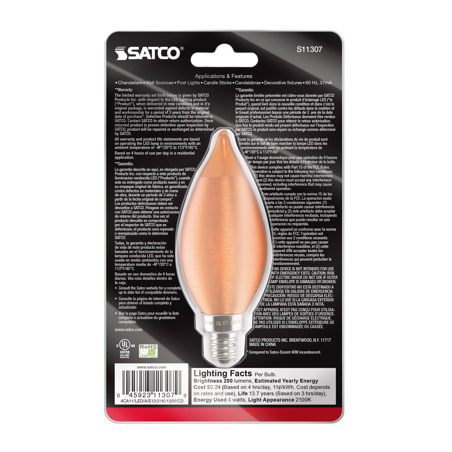 4 Watt CA11 LED Filament; Satin Spun Amber; Candelabra base; 2100K; 120 Volt; Carded