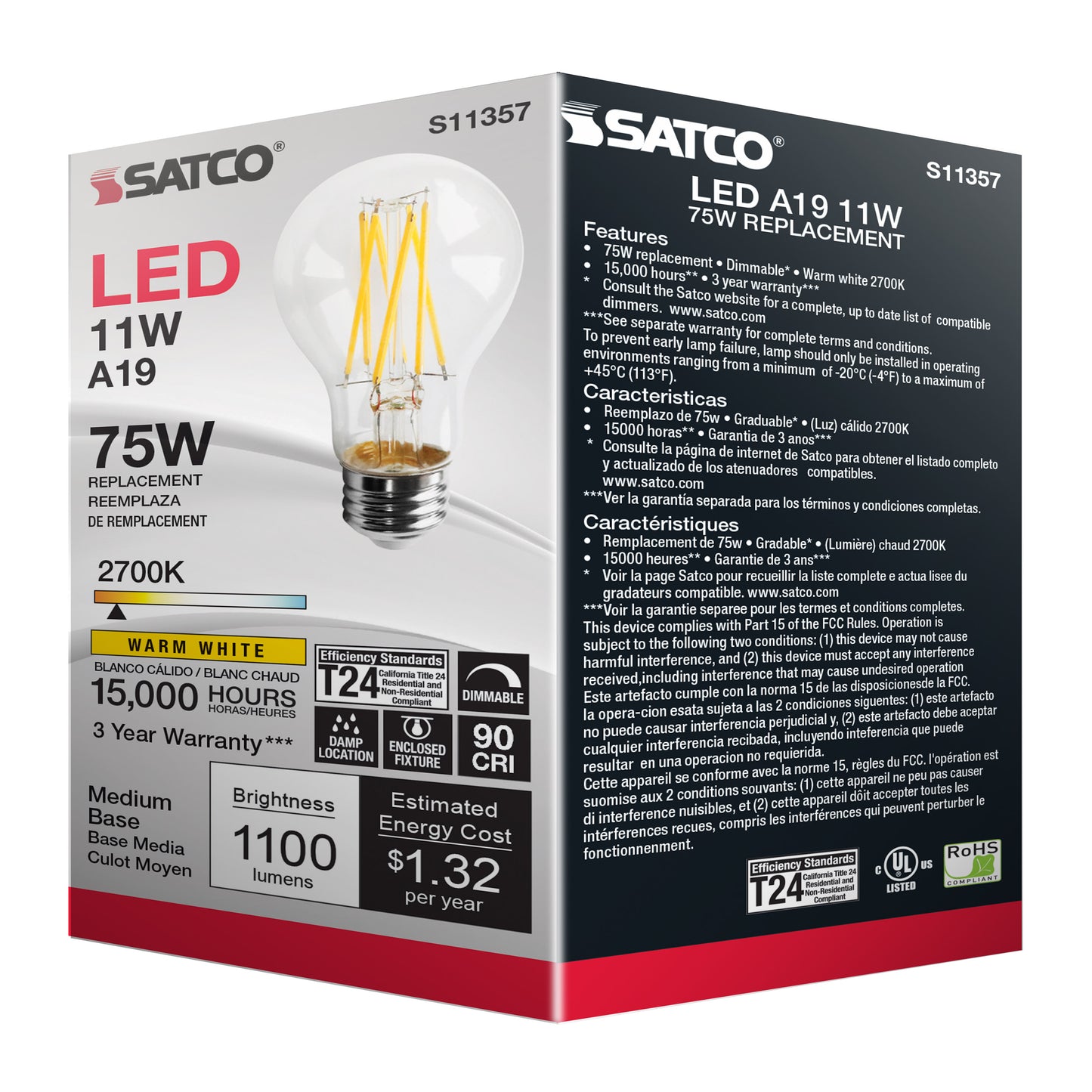 11 Watt; A19 LED Filament; Clear; 2700K; Medium base; 120 Volt