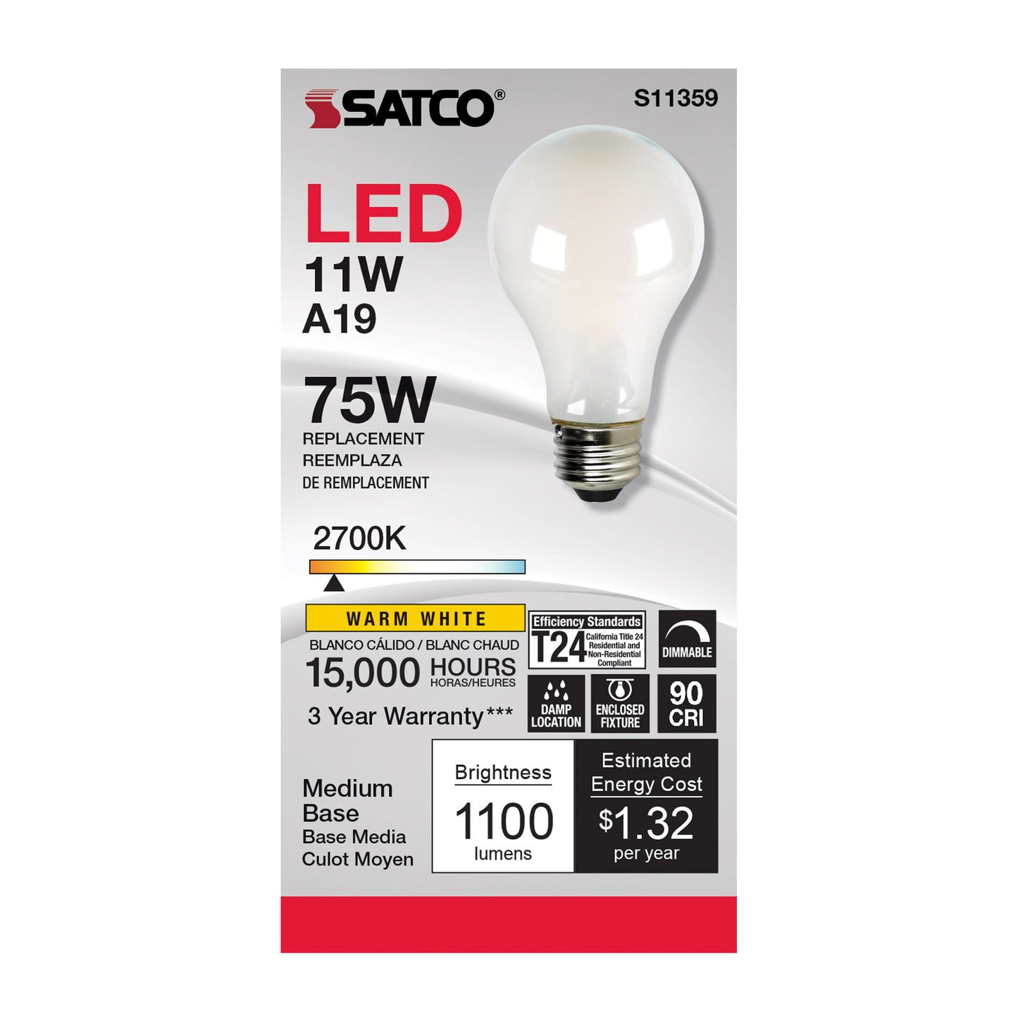11 Watt; A19 LED Filament; Soft White; 2700K; Medium base; 120 Volt