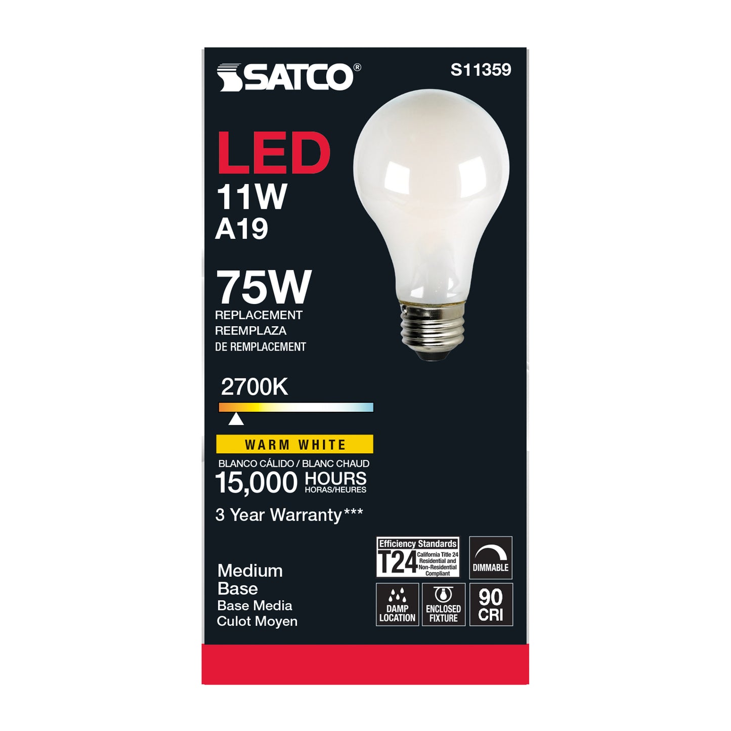 11 Watt; A19 LED Filament; Soft White; 2700K; Medium base; 120 Volt