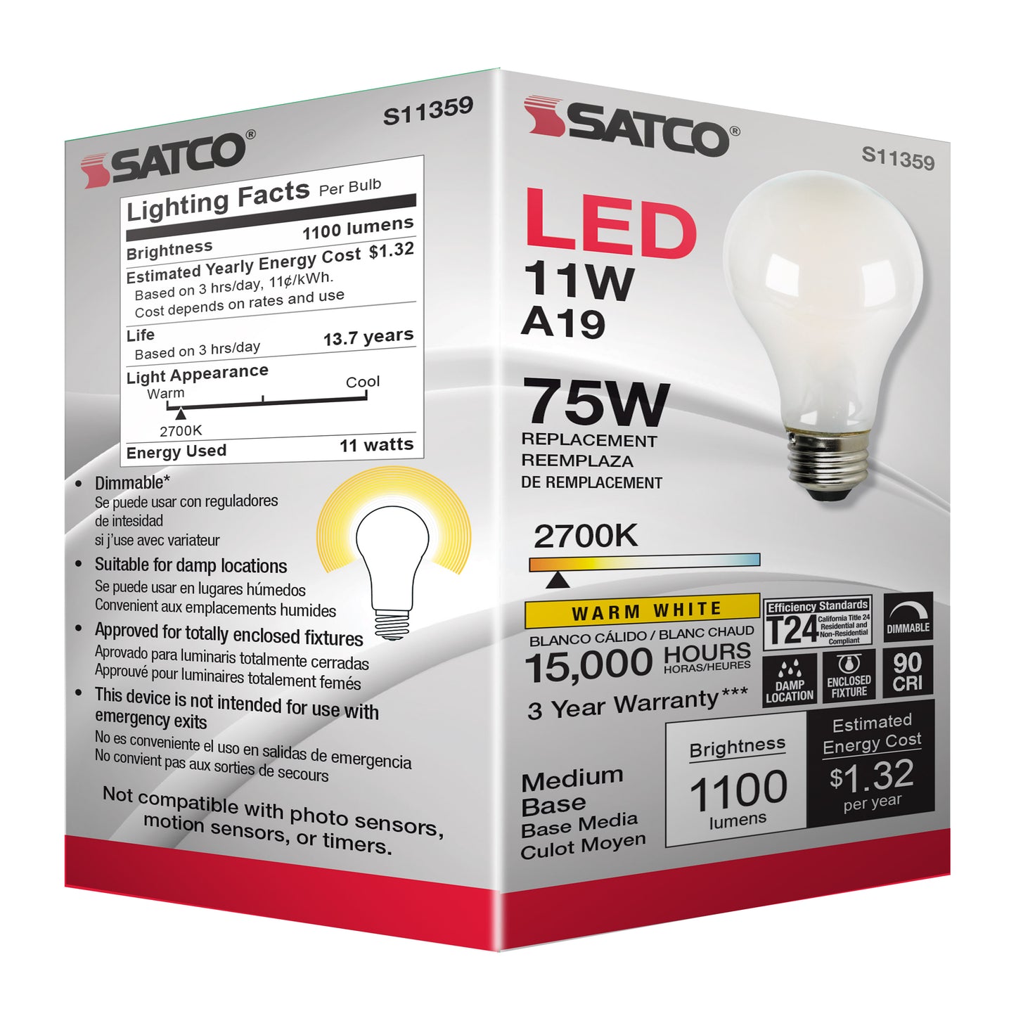 11 Watt; A19 LED Filament; Soft White; 2700K; Medium base; 120 Volt