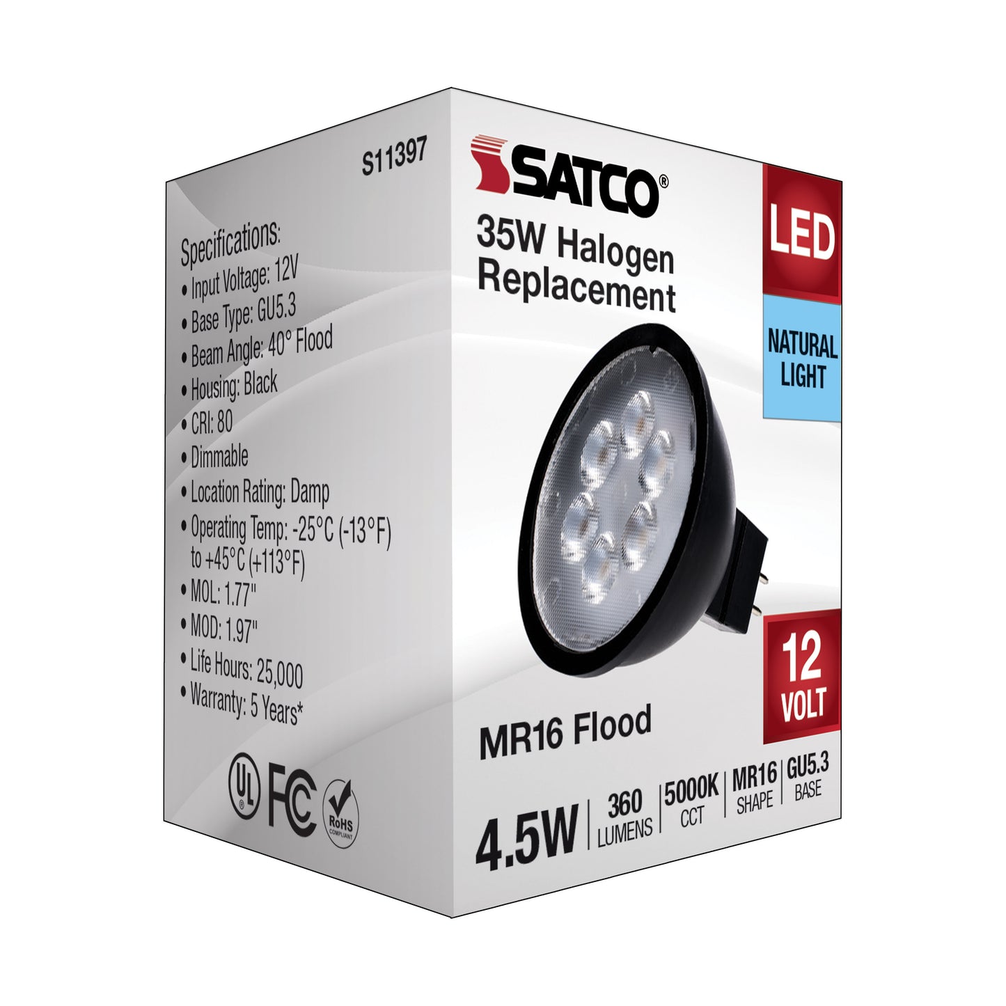 4.5 Watt MR16 LED; Black Finish; 5000K; GU5.3 Base; 360 Lumens; 12 Volt