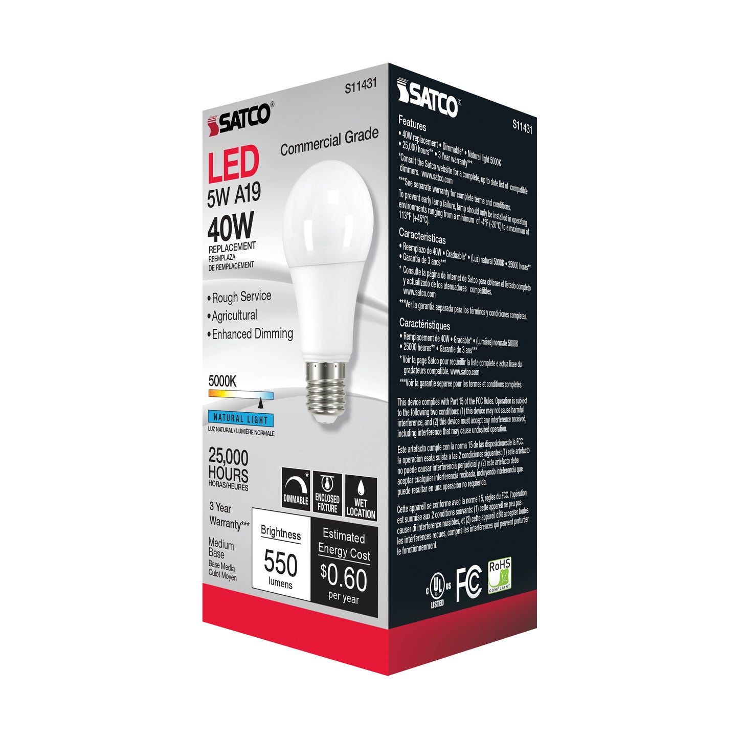 5 Watt; A19 LED Dimmable Agriculture Bulb; 5000K; 120 Volt