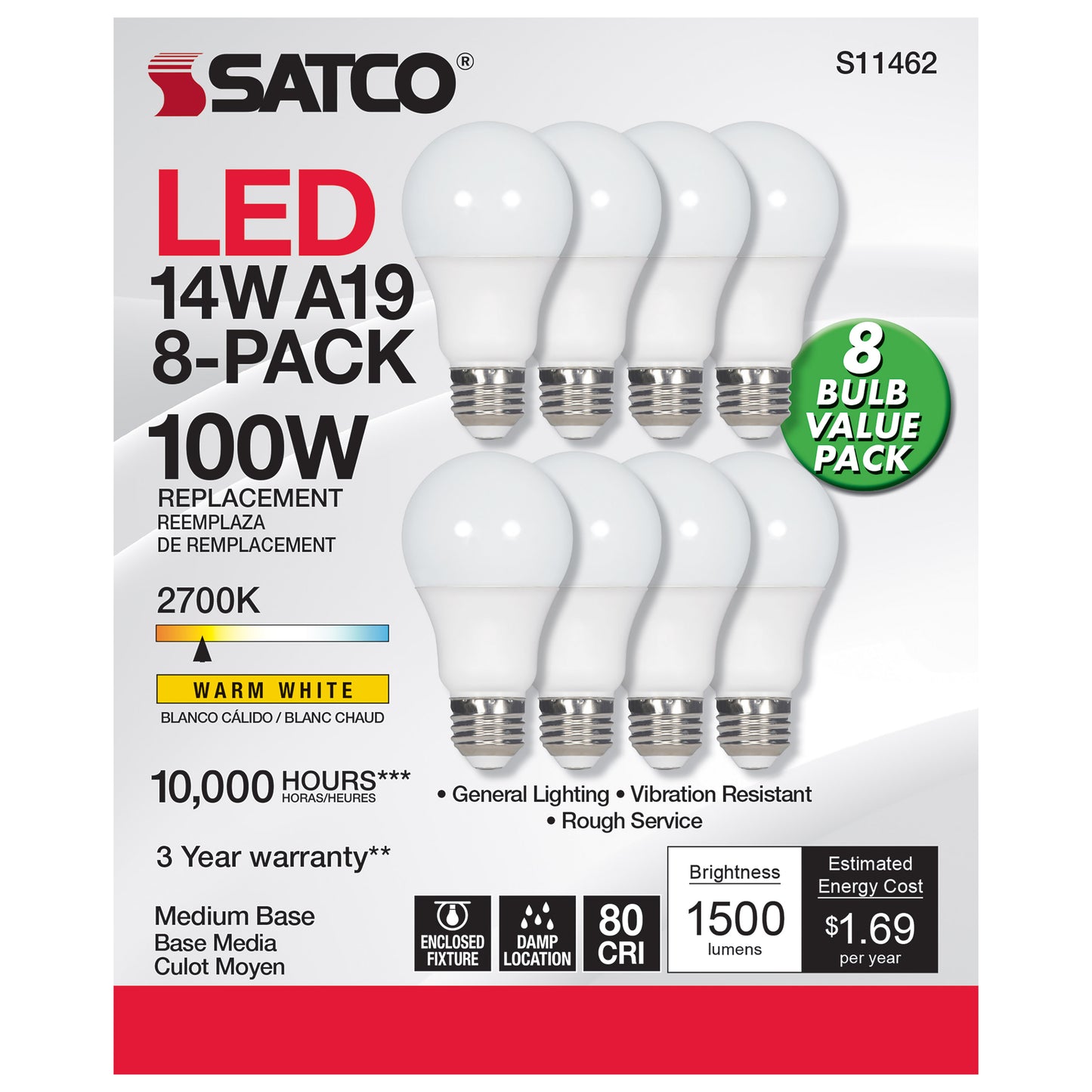 14 Watt A19 LED; 2700K; Non-Dimmable; E26; 80 CRI; 8-pack