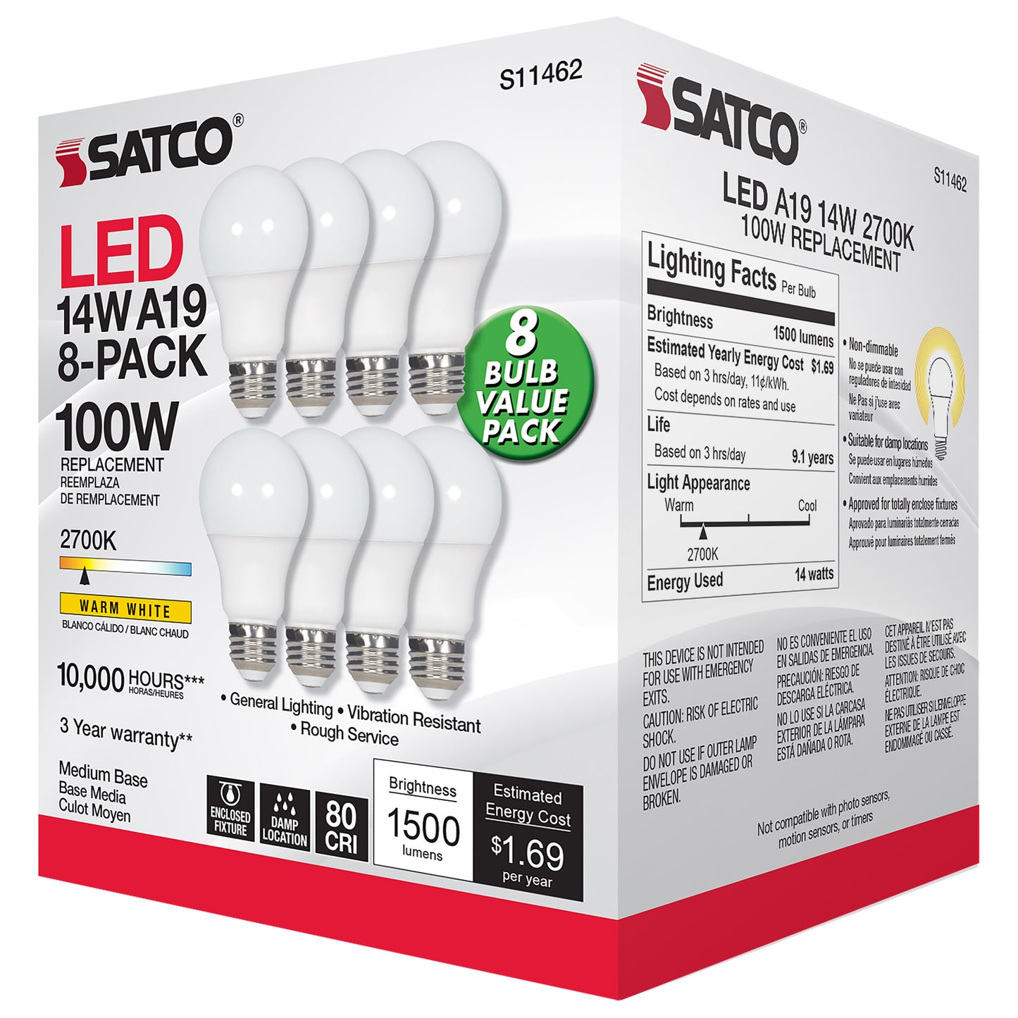 14 Watt A19 LED; 2700K; Non-Dimmable; E26; 80 CRI; 8-pack