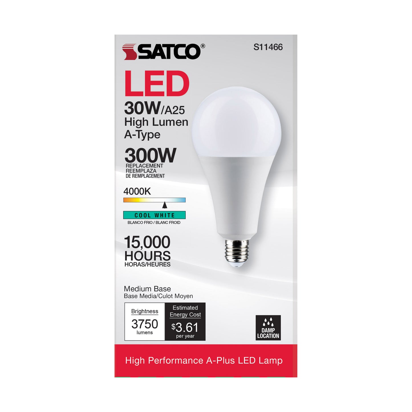 30 Watt; LED; A25; 4000K; Medium Base; Non Dimmable; 120 Volt