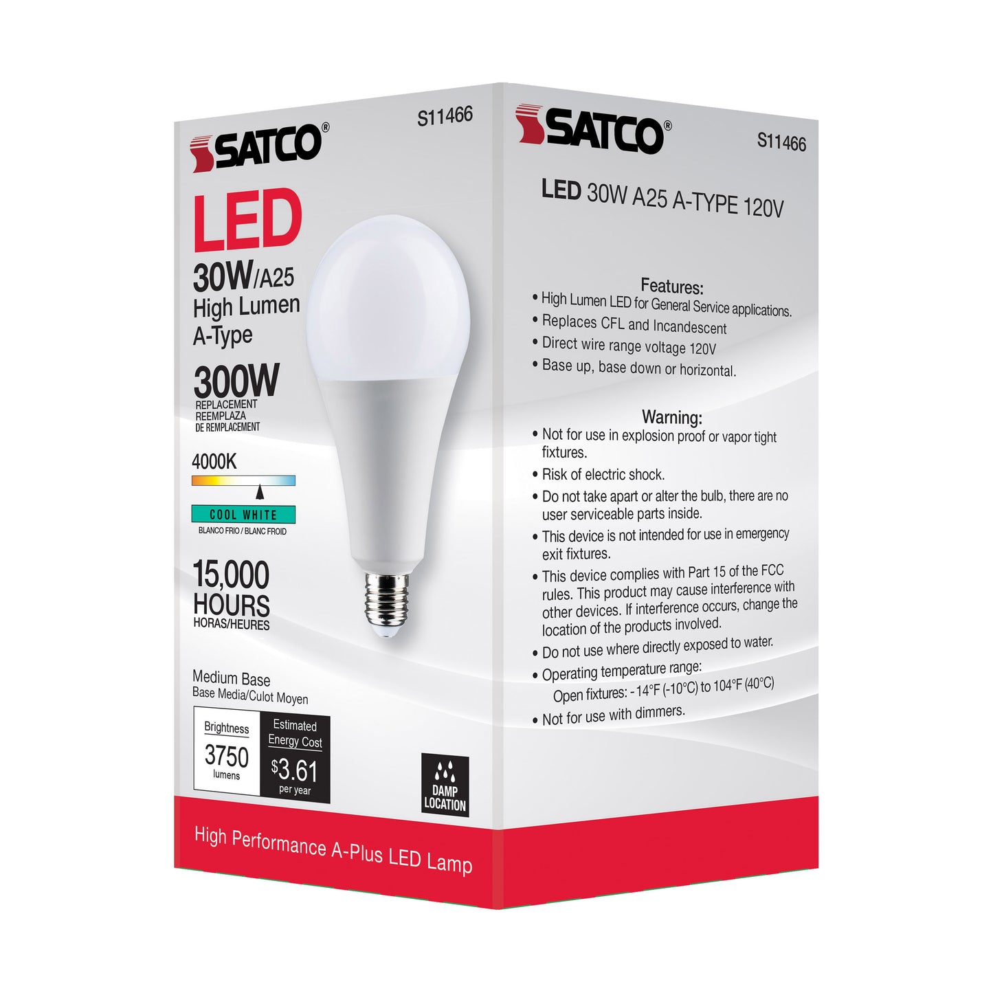 30 Watt; LED; A25; 4000K; Medium Base; Non Dimmable; 120 Volt