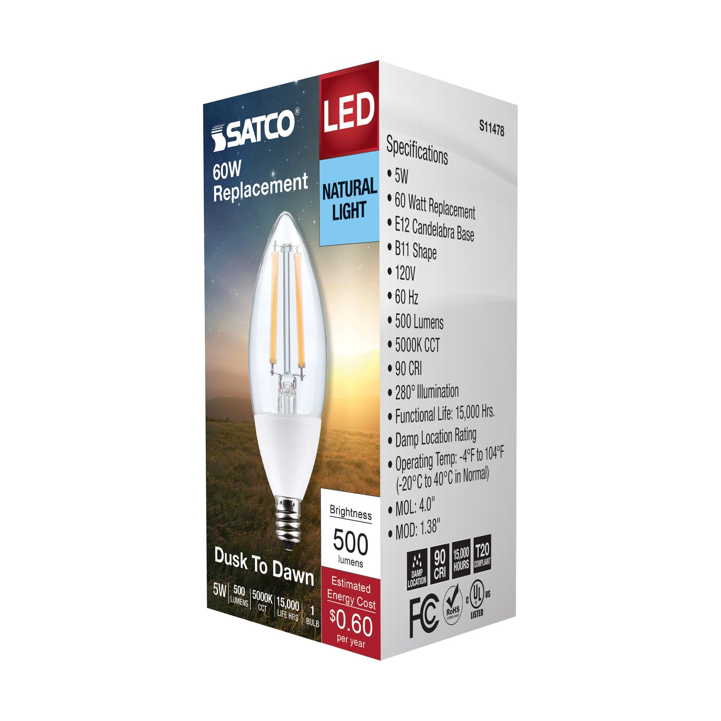 5 Watt B11; Dusk to Dawn LED Filament; 5000K; Candelabra Base; 120 Volt; 90 CRI; With Photocell