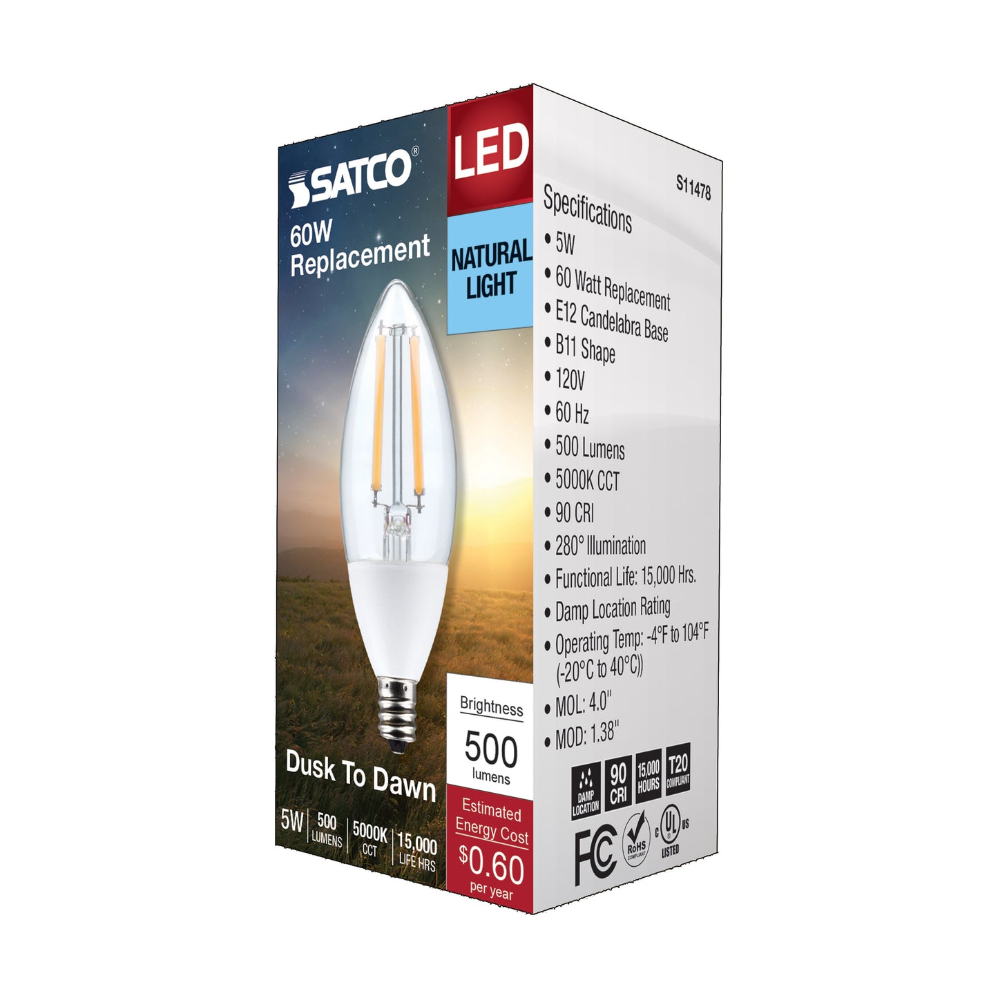 5 Watt B11; Dusk to Dawn LED Filament; 5000K; Candelabra Base; 120 Volt; 90 CRI; With Photocell