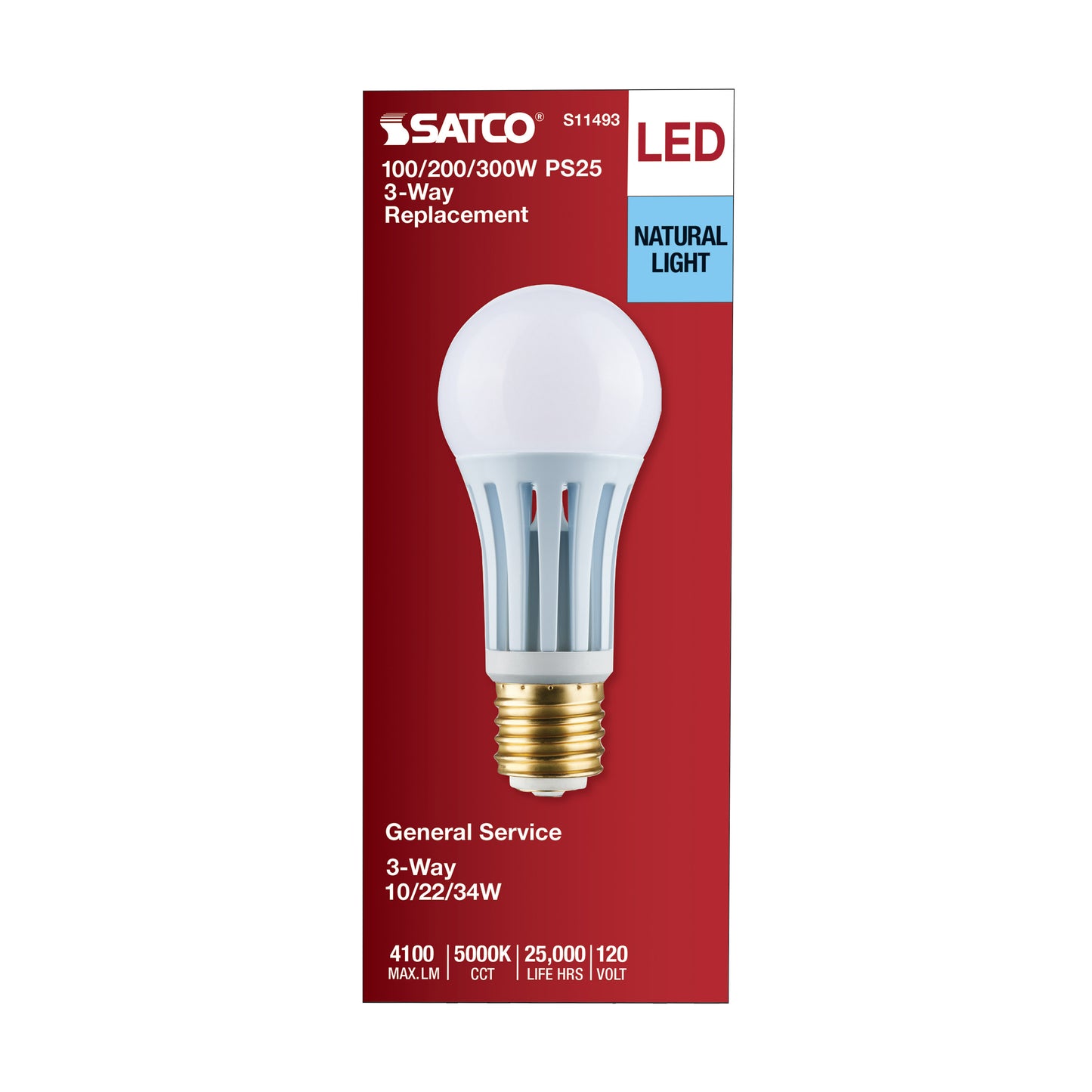 10/22/34 Watt PS25 LED Three-Way Lamp; E39d Mogul Base; 5000K; White Finish; 120 Volt