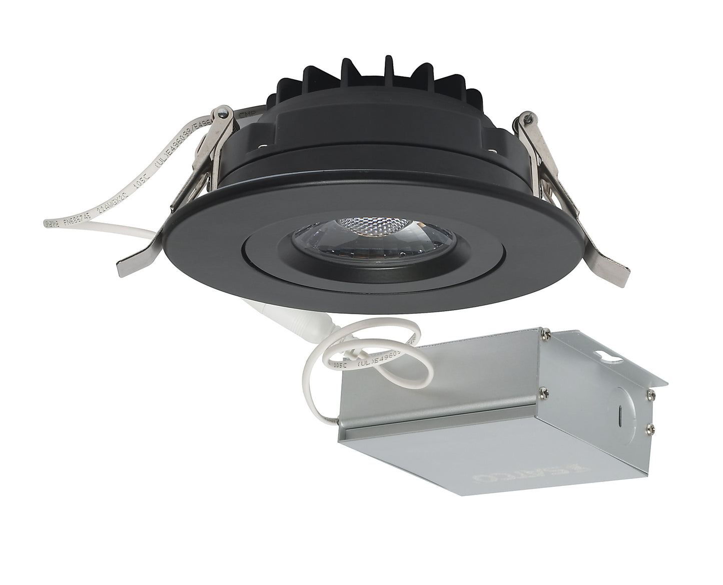 12W LED Direct Wire Downlight; Gimbaled; 4" 3000K; 120 volt; Dimmable; Round; Remote Driver; Black