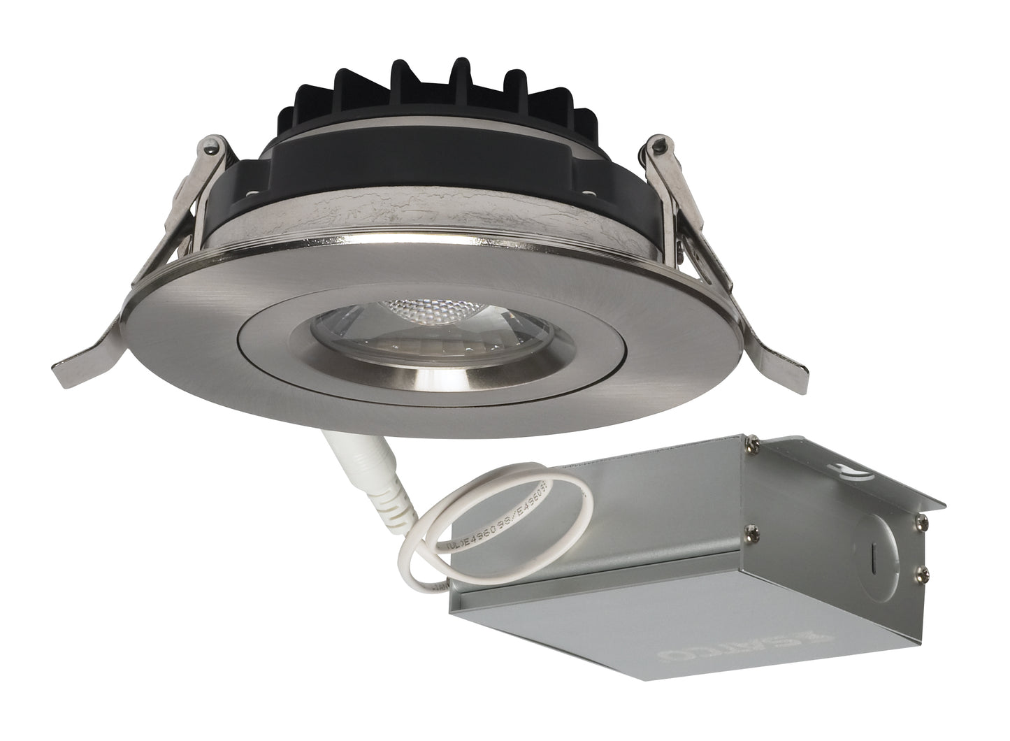12W LED Direct Wire Downlight; Gimbaled; 4" 3000K; 120 volt; Dimmable; Round; Remote Driver; Brushed Nickel