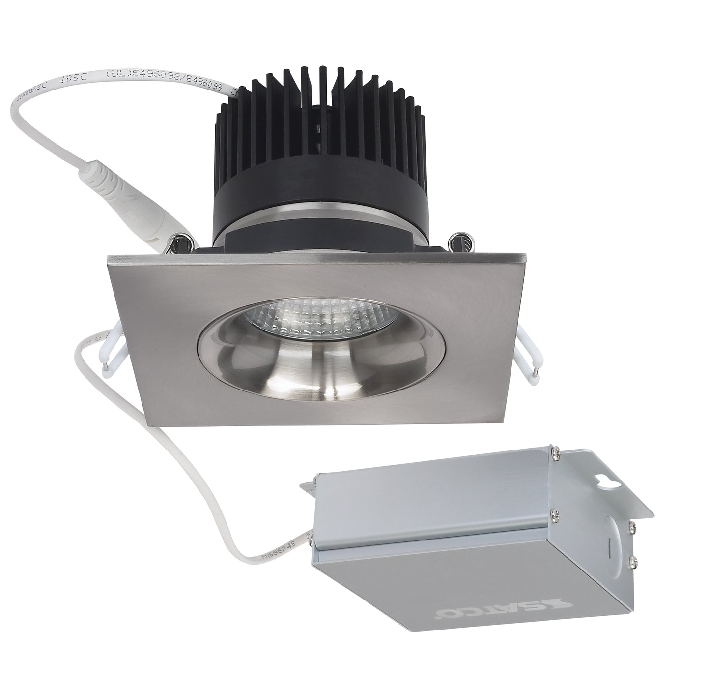 12W LED Direct Wire Downlight; Gimbaled; 3.5" 3000K; 120 volt; Dimmable; Square; Remote Driver; Brushed Nickel