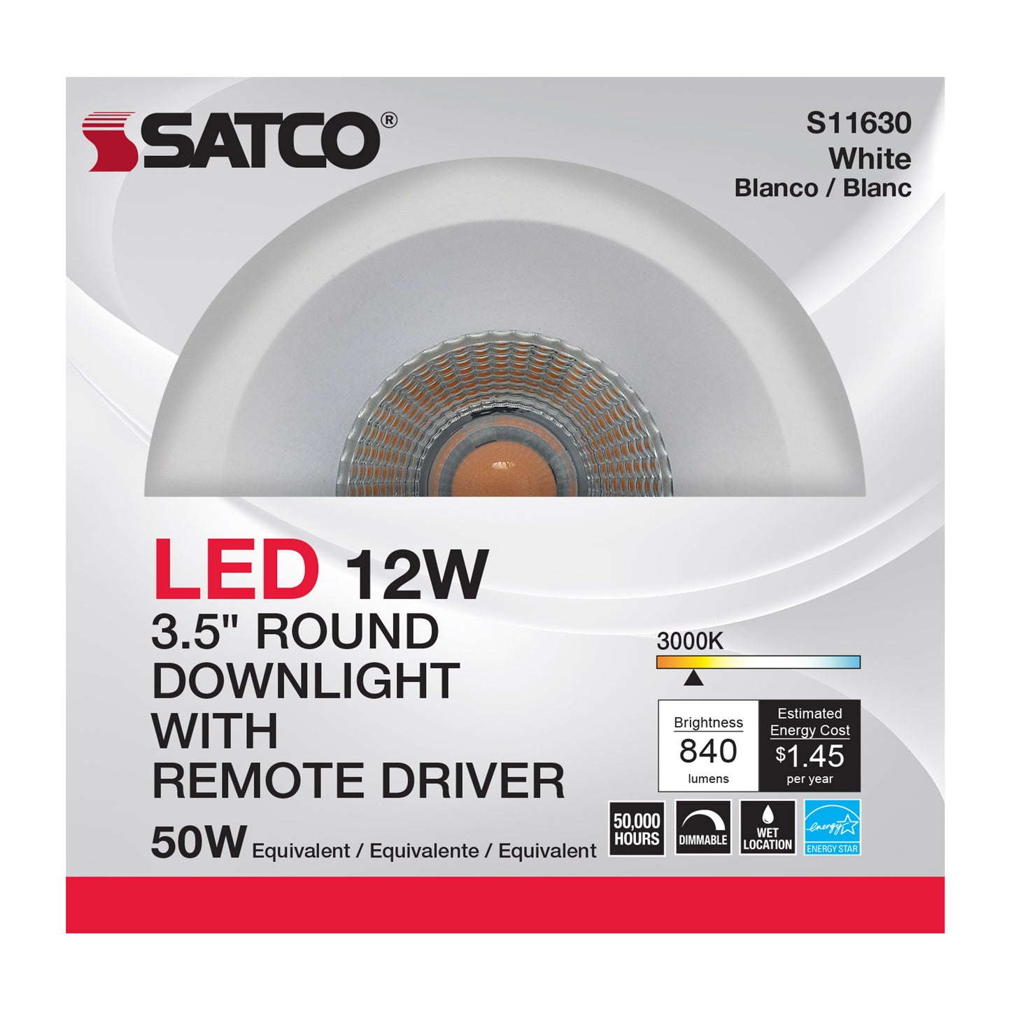 12W LED Direct Wire Downlight; 3.5" 3000K; 120 volt; Dimmable; Round; Remote Driver; White