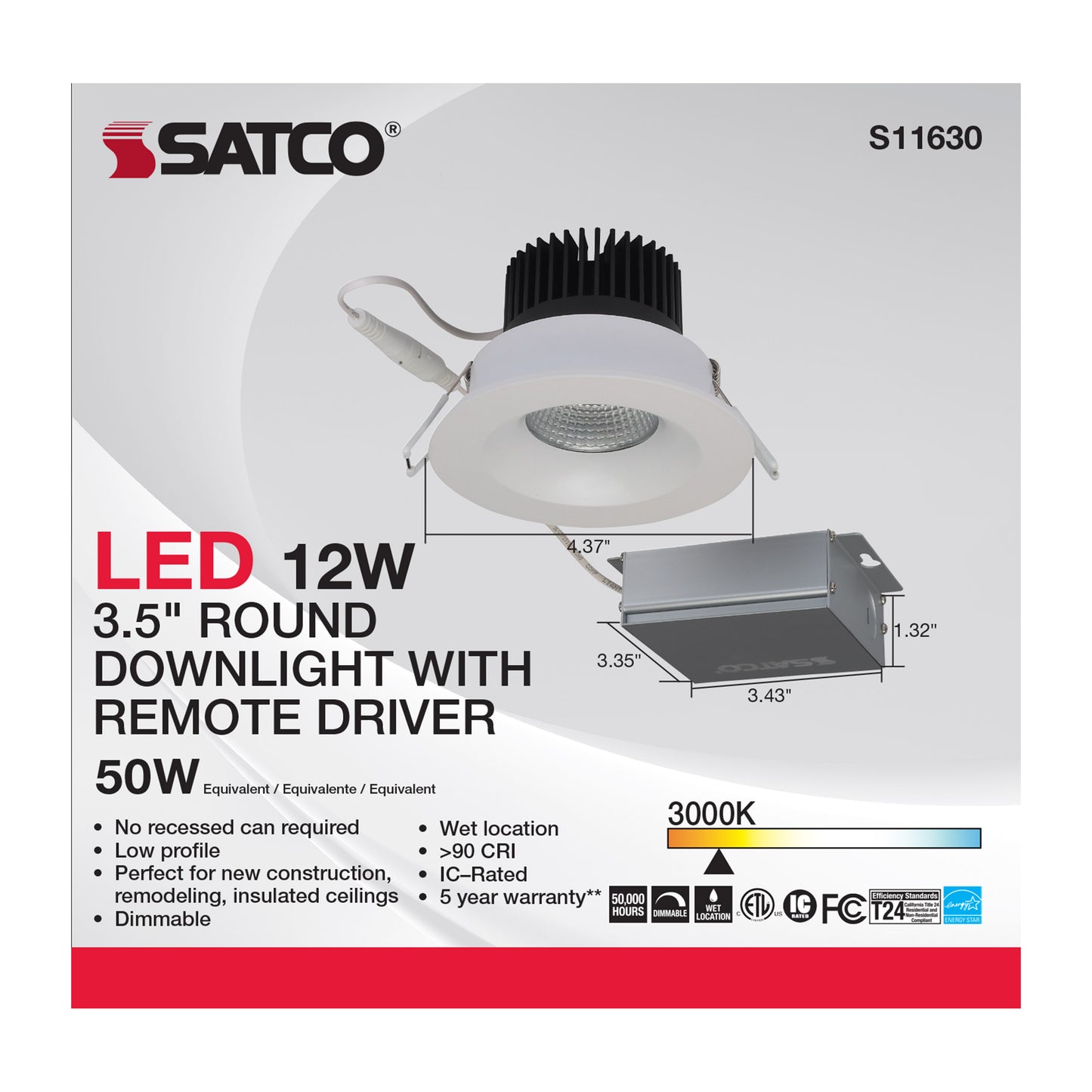 12W LED Direct Wire Downlight; 3.5" 3000K; 120 volt; Dimmable; Round; Remote Driver; White