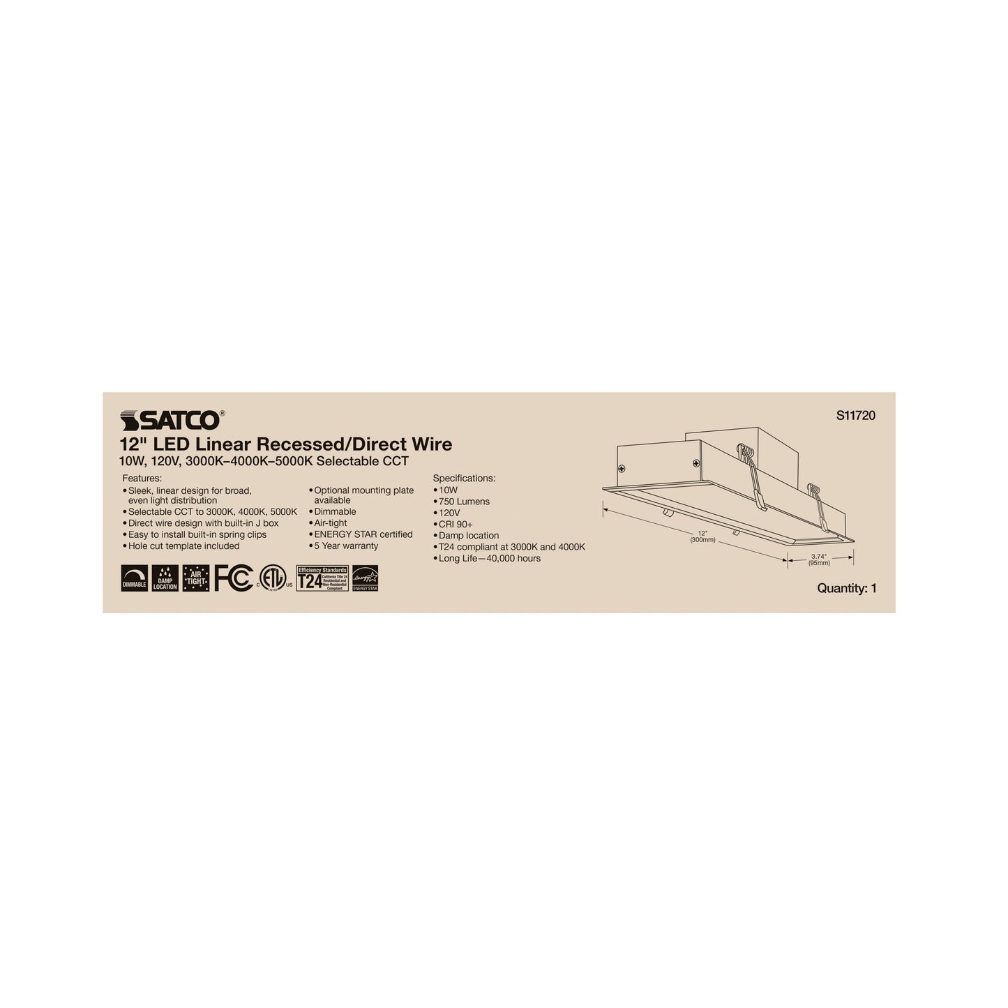 10W LED Direct Wire Linear Downlight; 12 in.; Adjustable CCT; 120 Volt