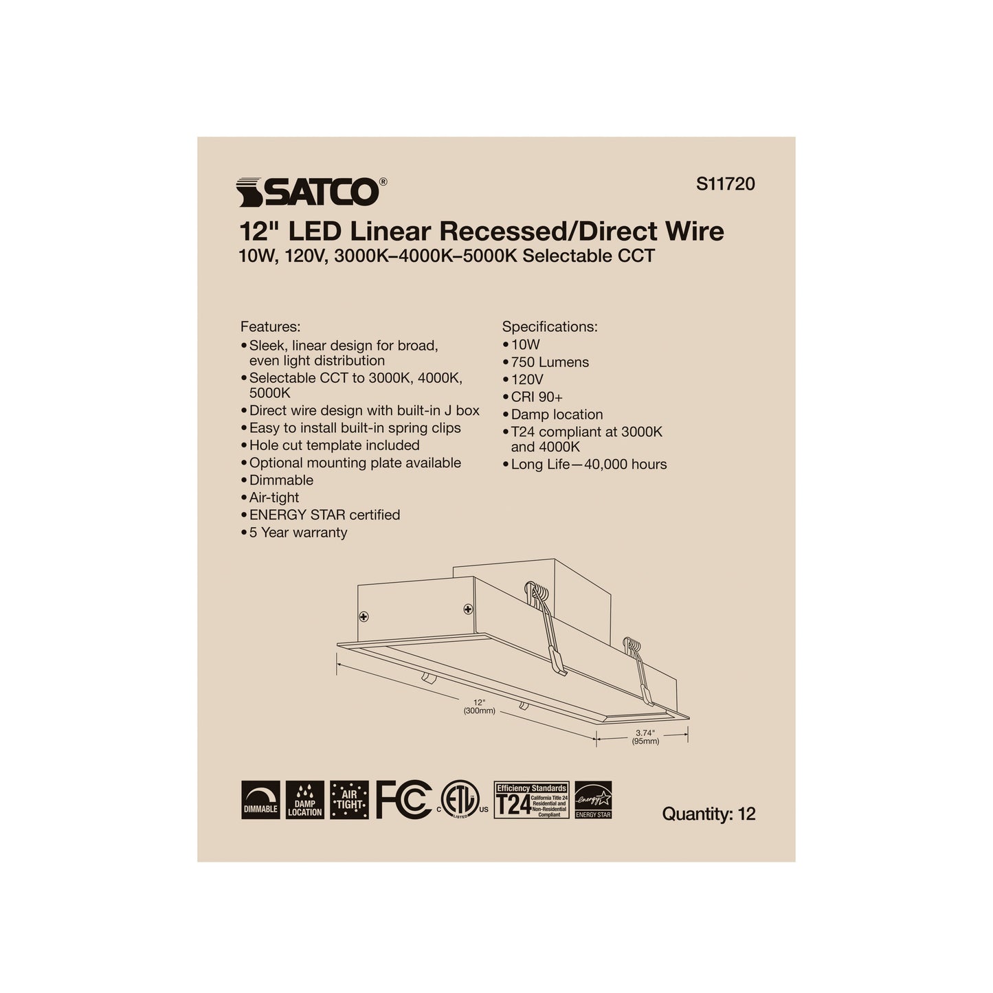 10W LED Direct Wire Linear Downlight; 12 in.; Adjustable CCT; 120 Volt