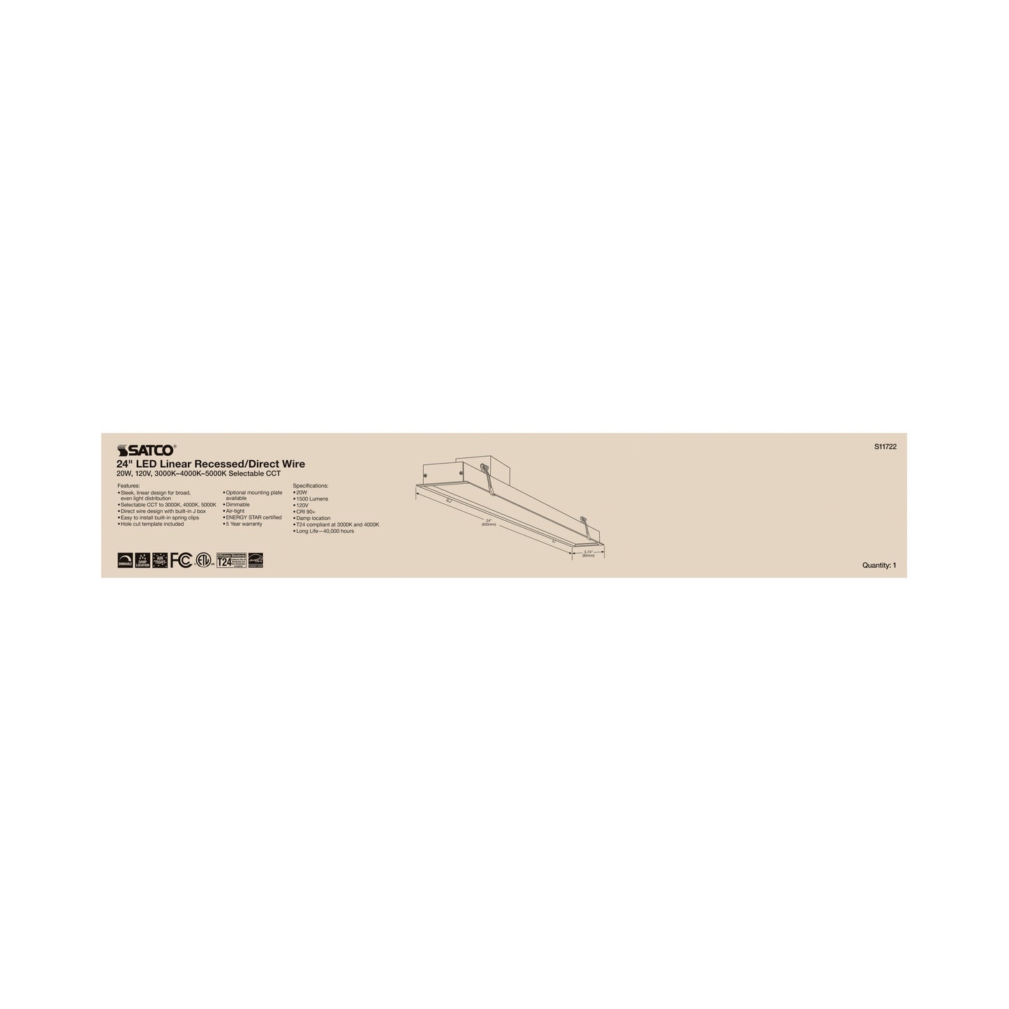 20W LED Direct Wire Linear Downlight; 24 in.; Adjustable CCT; 120 Volt