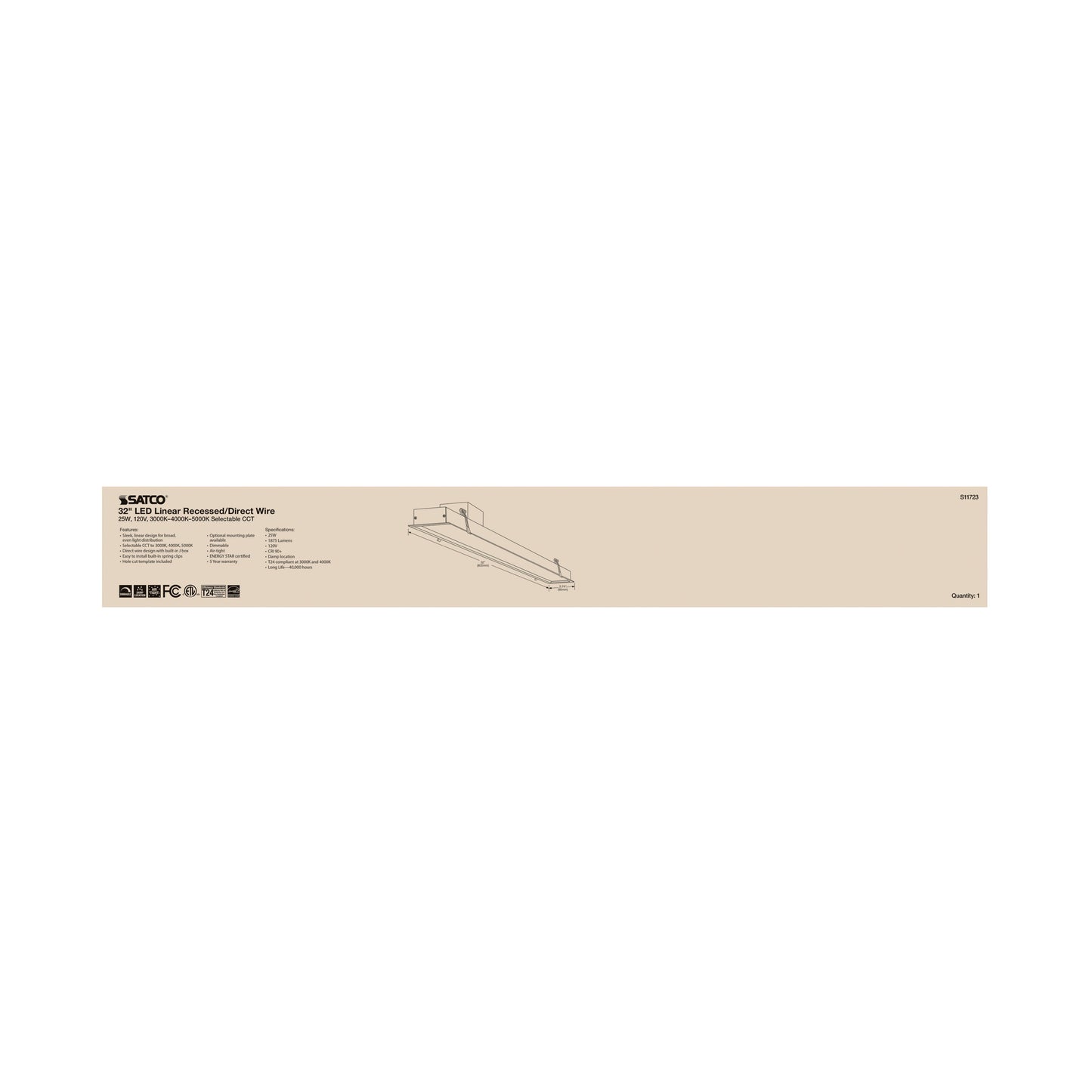 25W LED Direct Wire Linear Downlight; 32 in.; Adjustable CCT; 120 Volt
