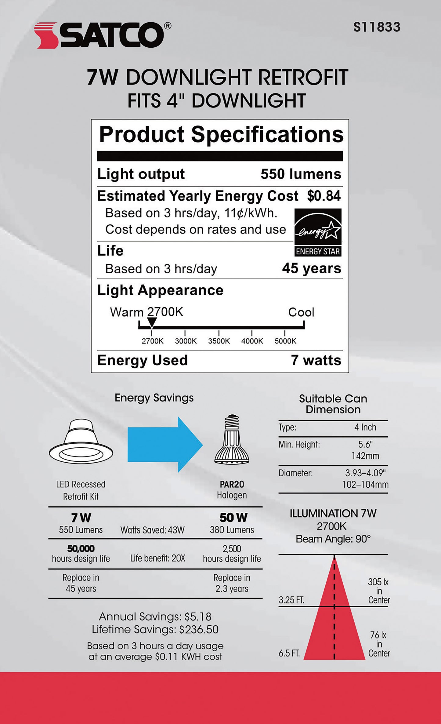 7W; LED Downlight Retrofit; 4" CCT Selectable; 120 volts; Dimmable; Brushed Nickel Finish