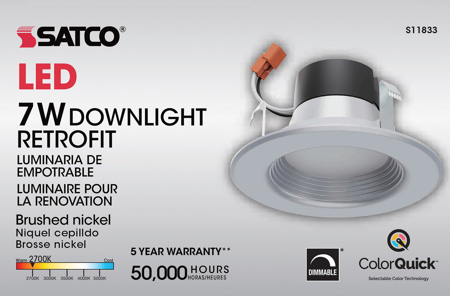 7W; LED Downlight Retrofit; 4" CCT Selectable; 120 volts; Dimmable; Brushed Nickel Finish