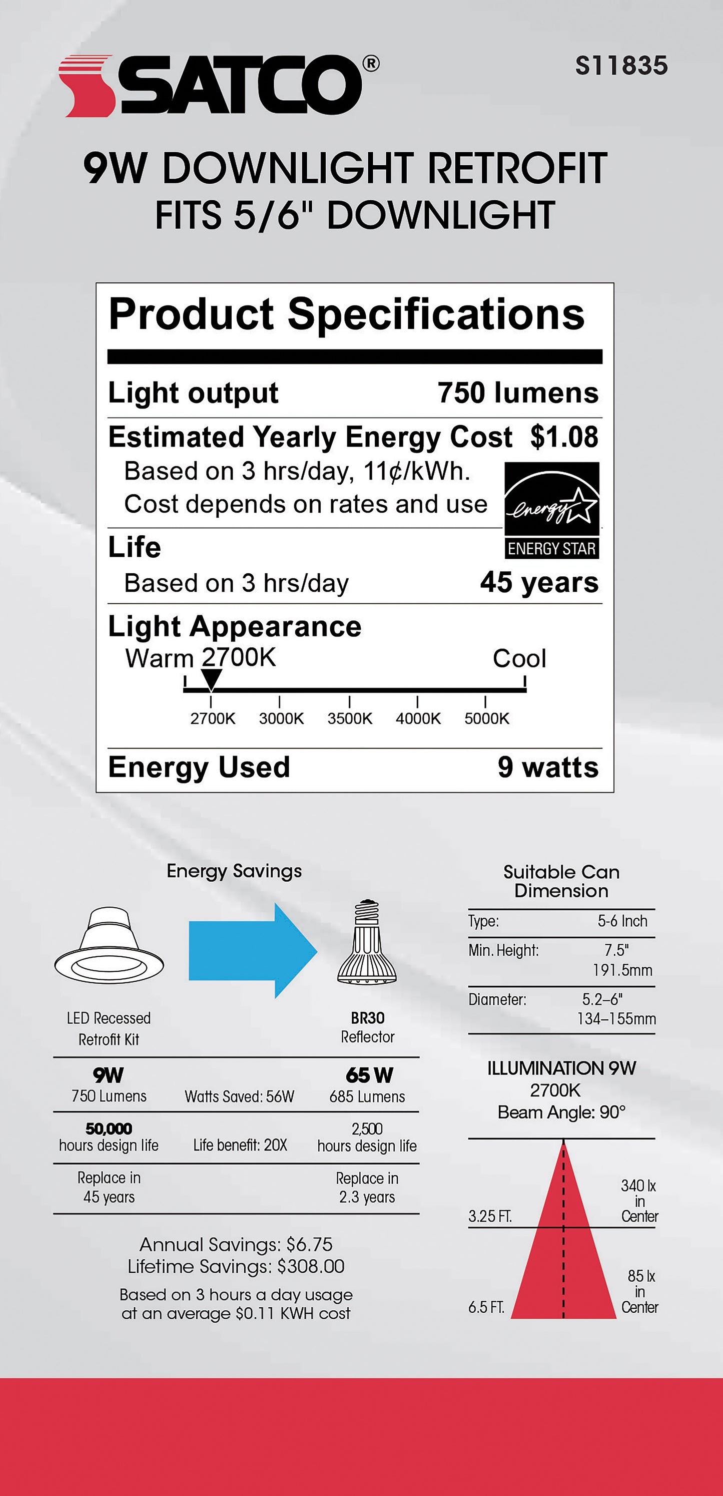 9W; LED Downlight Retrofit; 5 Inch - 6" CCT Selectable; 120 volts; Dimmable; Black Finish