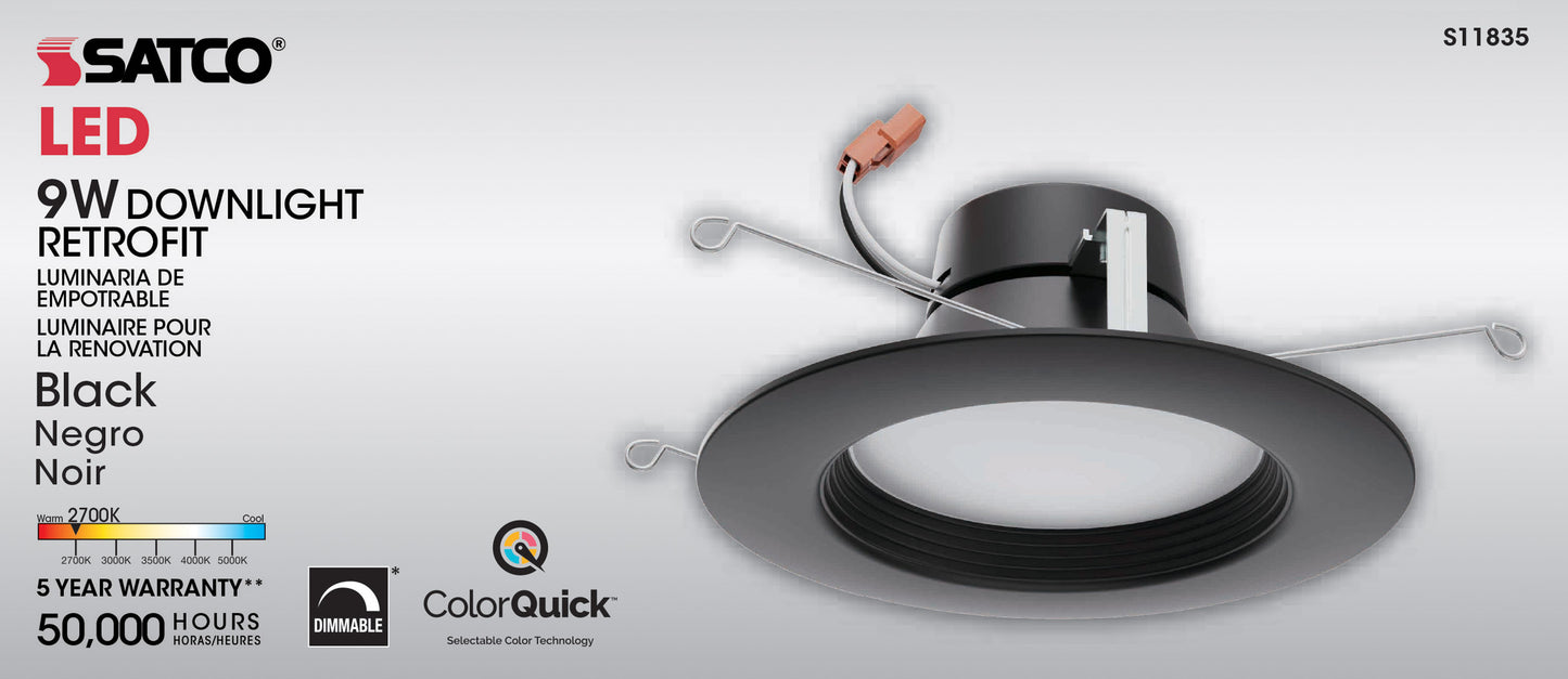 9W; LED Downlight Retrofit; 5 Inch - 6" CCT Selectable; 120 volts; Dimmable; Black Finish