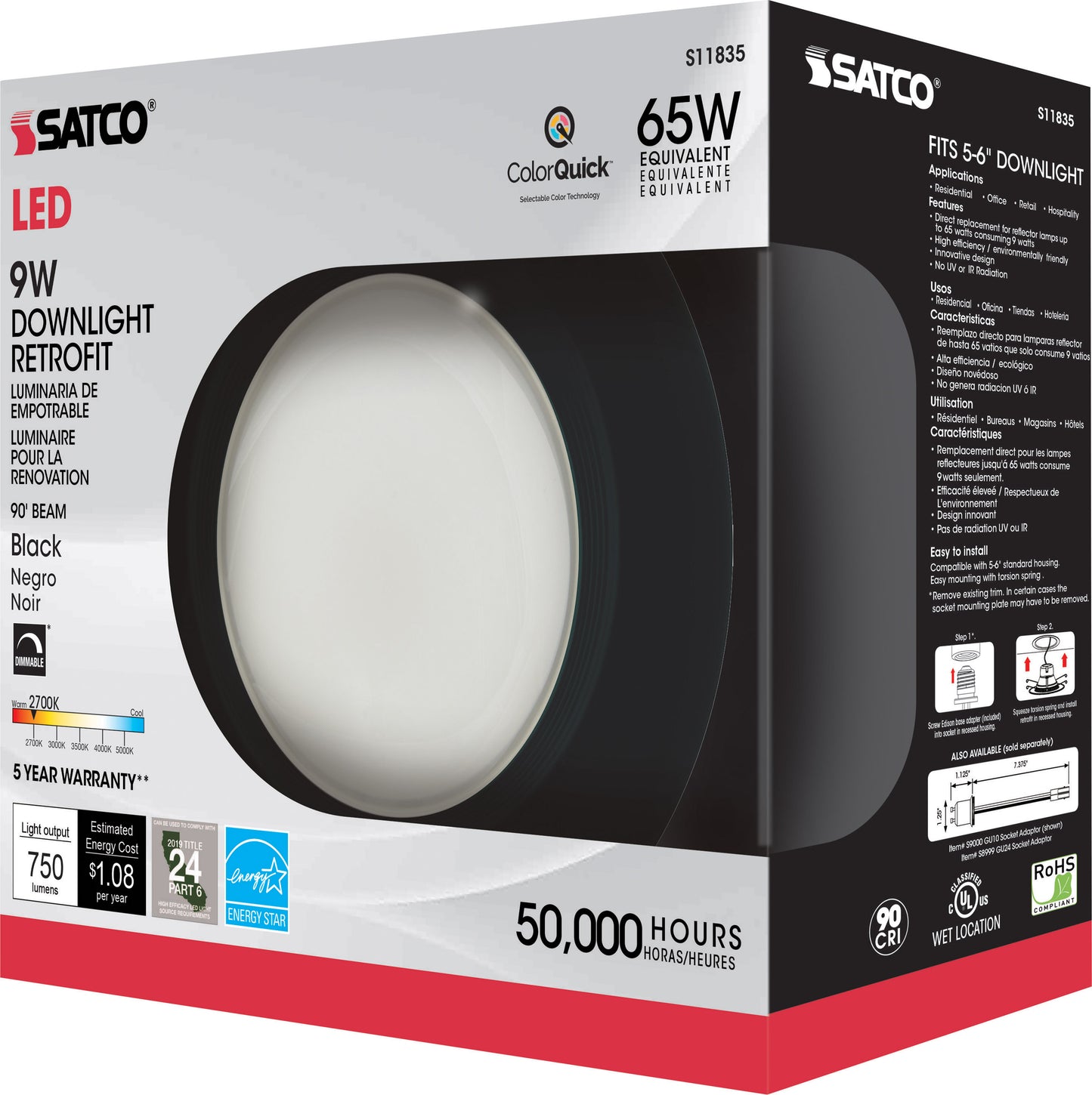 9W; LED Downlight Retrofit; 5 Inch - 6" CCT Selectable; 120 volts; Dimmable; Black Finish