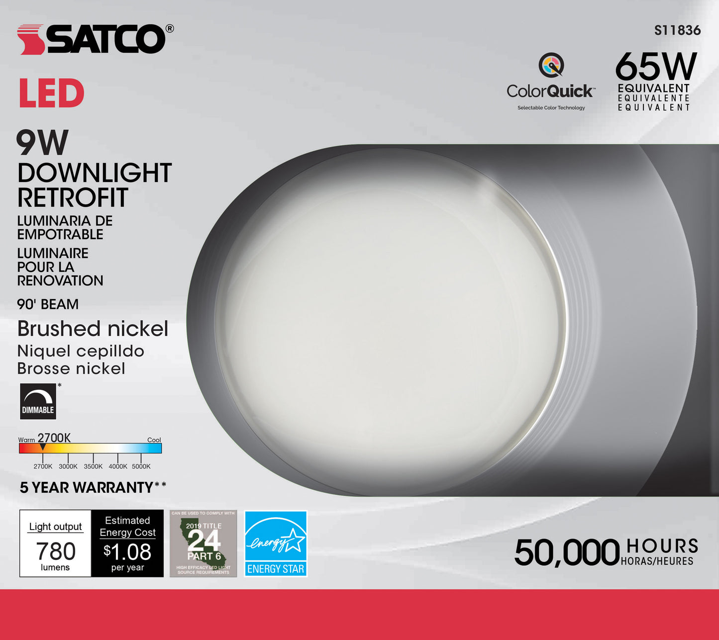 9W; LED Downlight Retrofit; 5 Inch - 6" CCT Selectable; 120 volts; Dimmable; Brushed Nickel Finish