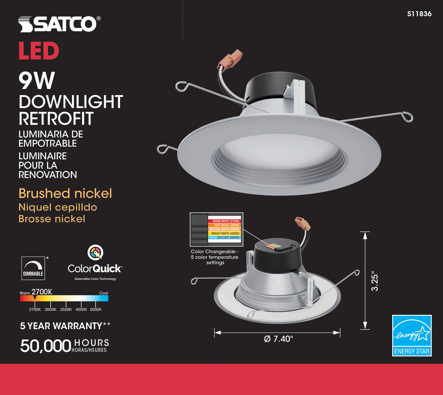 9W; LED Downlight Retrofit; 5 Inch - 6" CCT Selectable; 120 volts; Dimmable; Brushed Nickel Finish