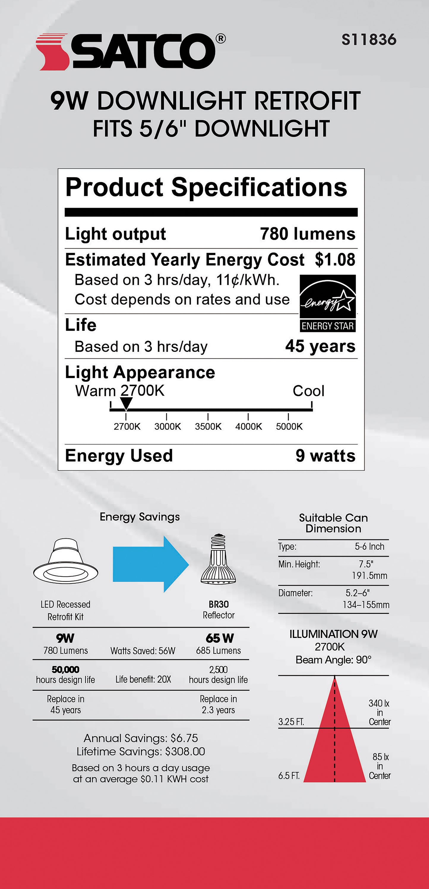 9W; LED Downlight Retrofit; 5 Inch - 6" CCT Selectable; 120 volts; Dimmable; Brushed Nickel Finish
