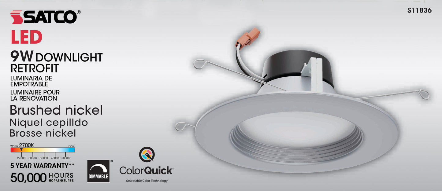9W; LED Downlight Retrofit; 5 Inch - 6" CCT Selectable; 120 volts; Dimmable; Brushed Nickel Finish